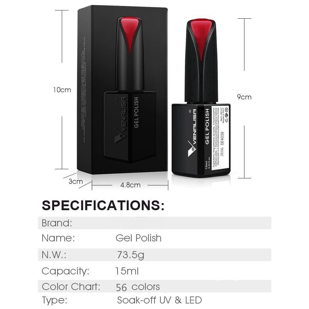 Sure, here is the corrected and grouped text:

---

**VENALISH GEL POLISH**

**SPECIFICATIONS:**

- **Brand:** Venalish
- **Name:** Gel Polish
- **N.W.:** 73.5g
- **Capacity:** 15ml
- **Color Chart:** 56 colors
- **Type:** Soak-off UV & LED

**Dimensions:**

- Box: 10cm (height) x 4.8cm (width) x 3cm (depth)
- Bottle: 9cm (height)

---