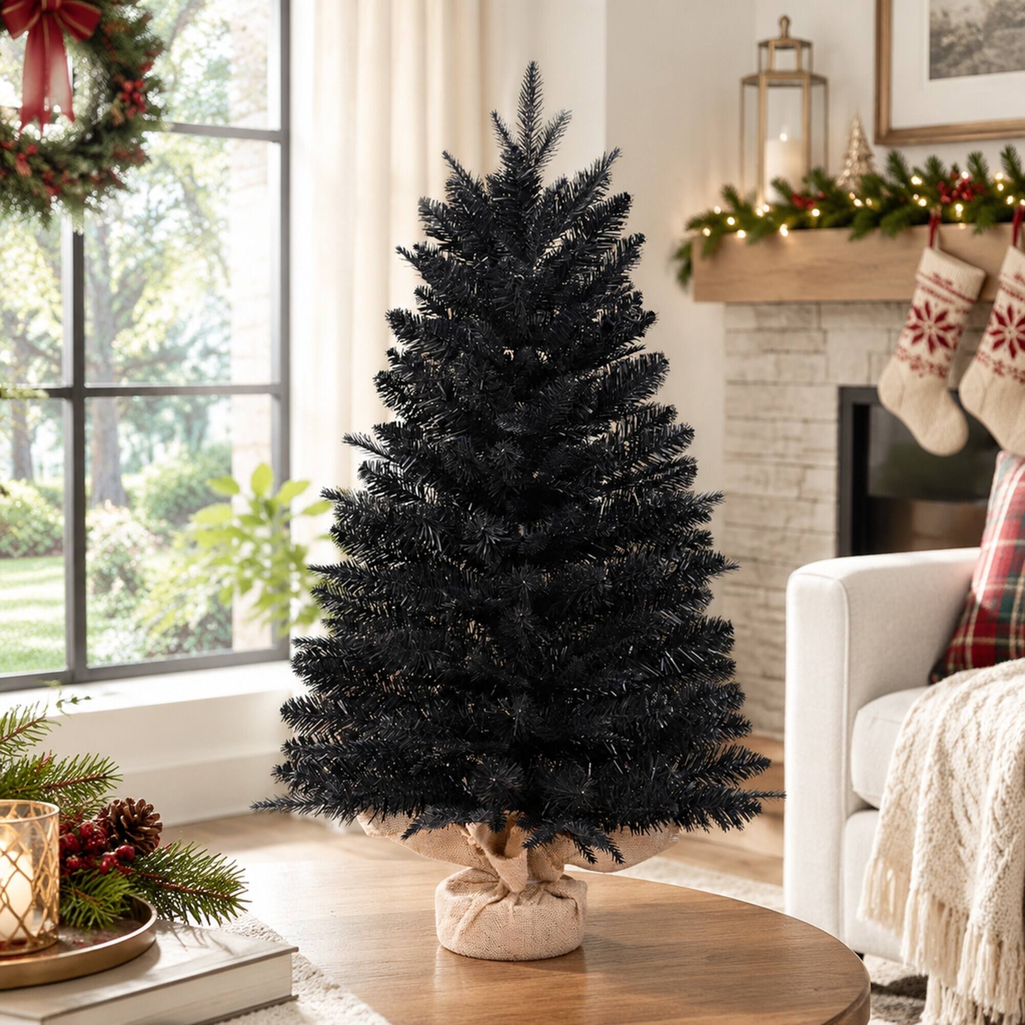 Back. RYHNUYNE - 2FT Black Artificial Christmas Tree With 159 Tips and Cement Burlap Base, for Halloween and Christmas - Black.