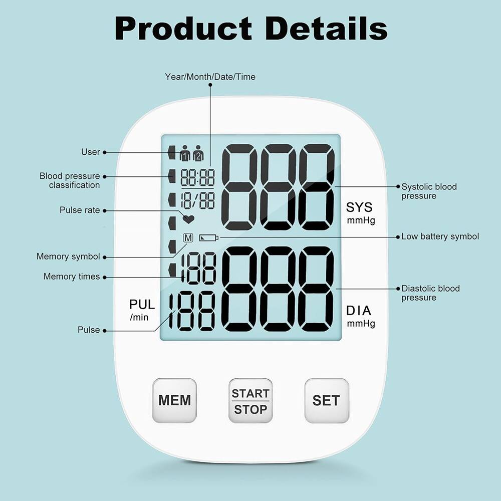 Product Details

- Year/Month/Date/Time
- User
- Blood pressure classification
- Pulse rate
- Memory symbol
- Memory times
- Pulse (PUL /min)
- Systolic blood pressure (SYS mmHg)
- Diastolic blood pressure (DIA mmHg)
- Low battery symbol
- START STOP SET
- MEM
