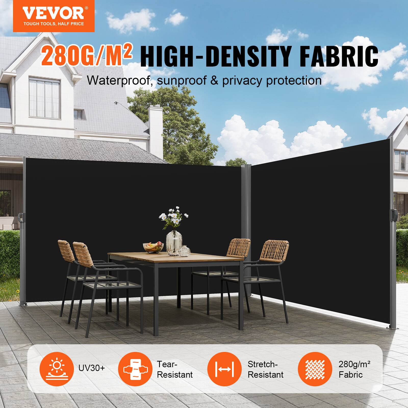 VEVOR TOUGH TOOLS. HALF PRICE 280G/M2 HIGH-DENSITY FABRIC Waterproof, sunproof & privacy protection UV30+ Tear- Resistant Stretch- Resistant 280g/m2 Fabric
