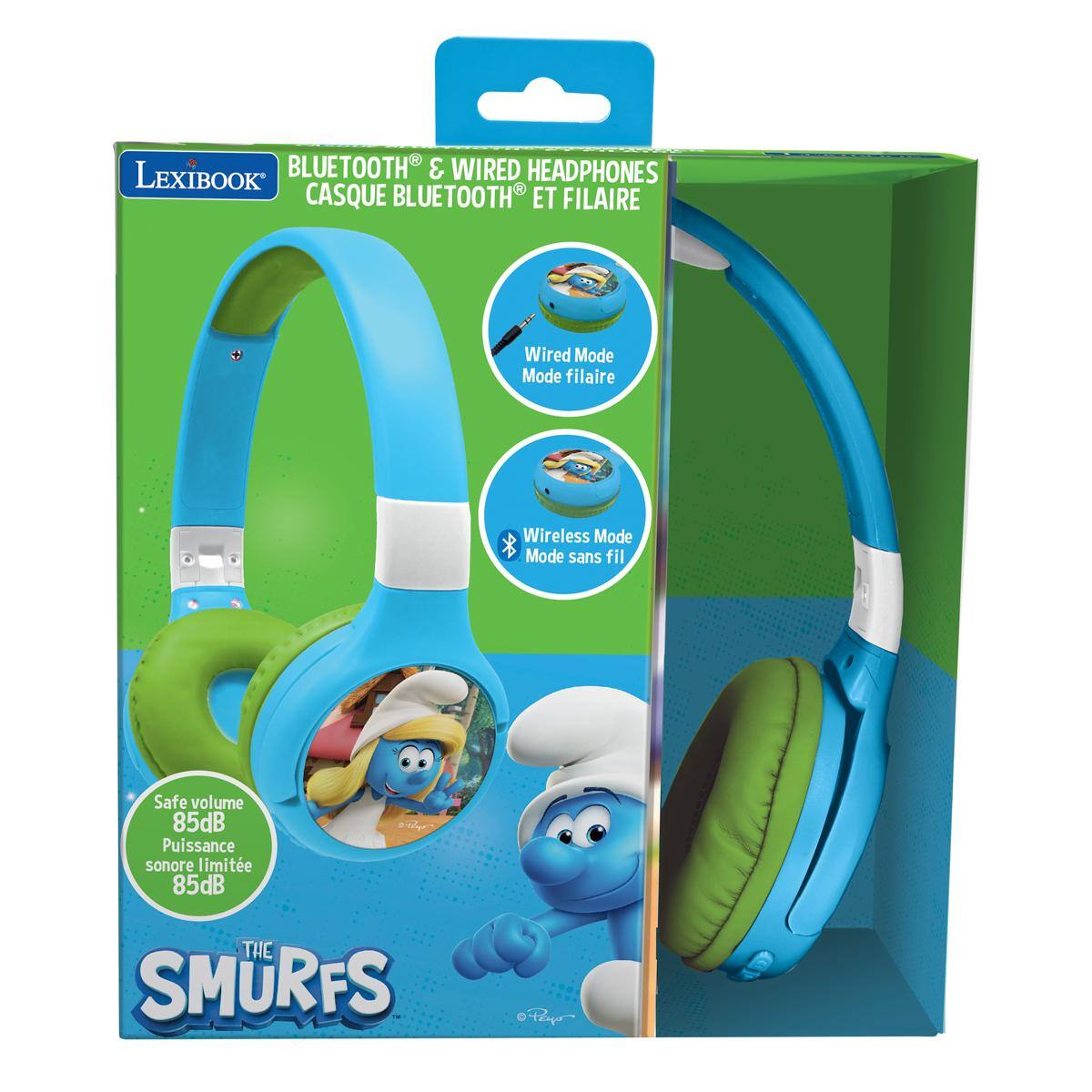LEXIBOOK BLUETOOTH & WIRED HEADPHONES  
CASQUE BLUETOOTH ET FILAIRE  
Wired Mode  
Mode filaire  
Wireless Mode  
Mode sans fil  
Safe volume 85dB  
Puissance sonore limitée 85dB  
THE SMURFS