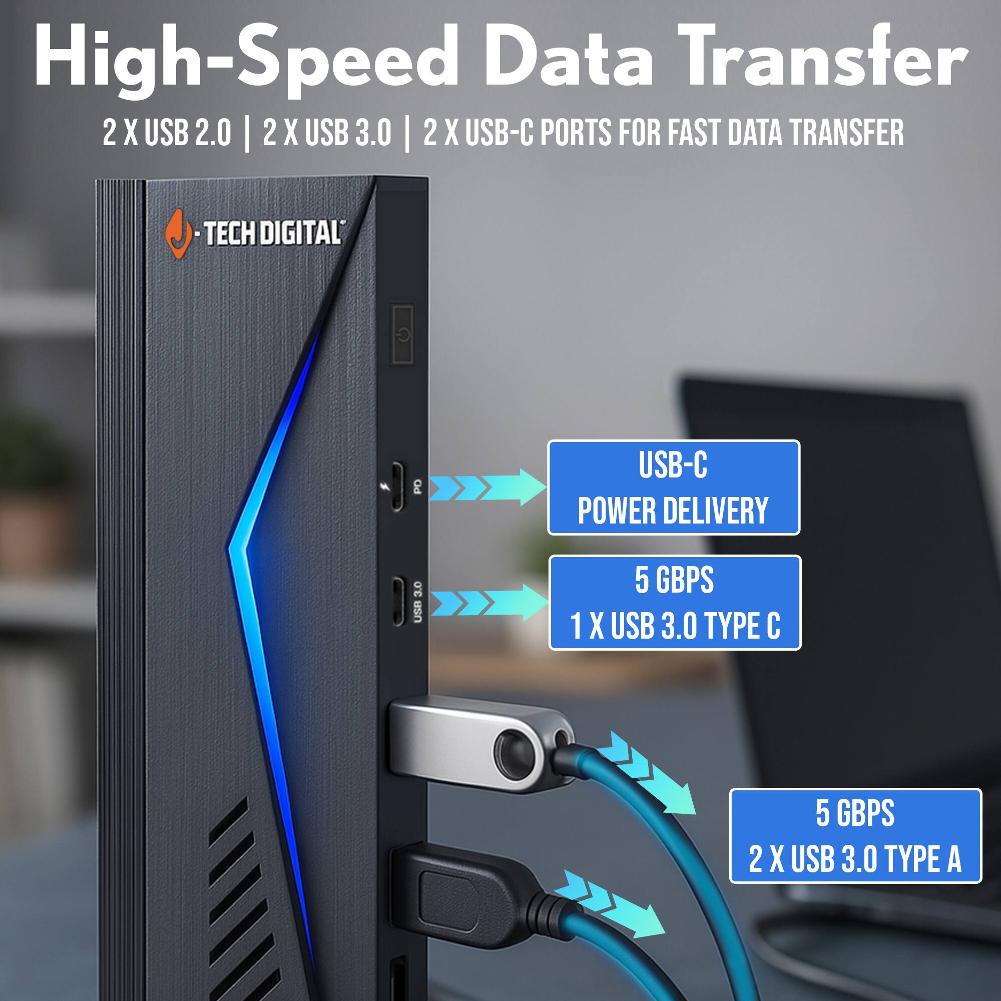 High-Speed Data Transfer  
2 X USB 2.0 | 2 X USB 3.0 | 2 X USB-C PORTS FOR FAST DATA TRANSFER  

USB-C  
POWER DELIVERY  

5 GBPS  
1 X USB 3.0 TYPE C  

5 GBPS  
2 X USB 3.0 TYPE A