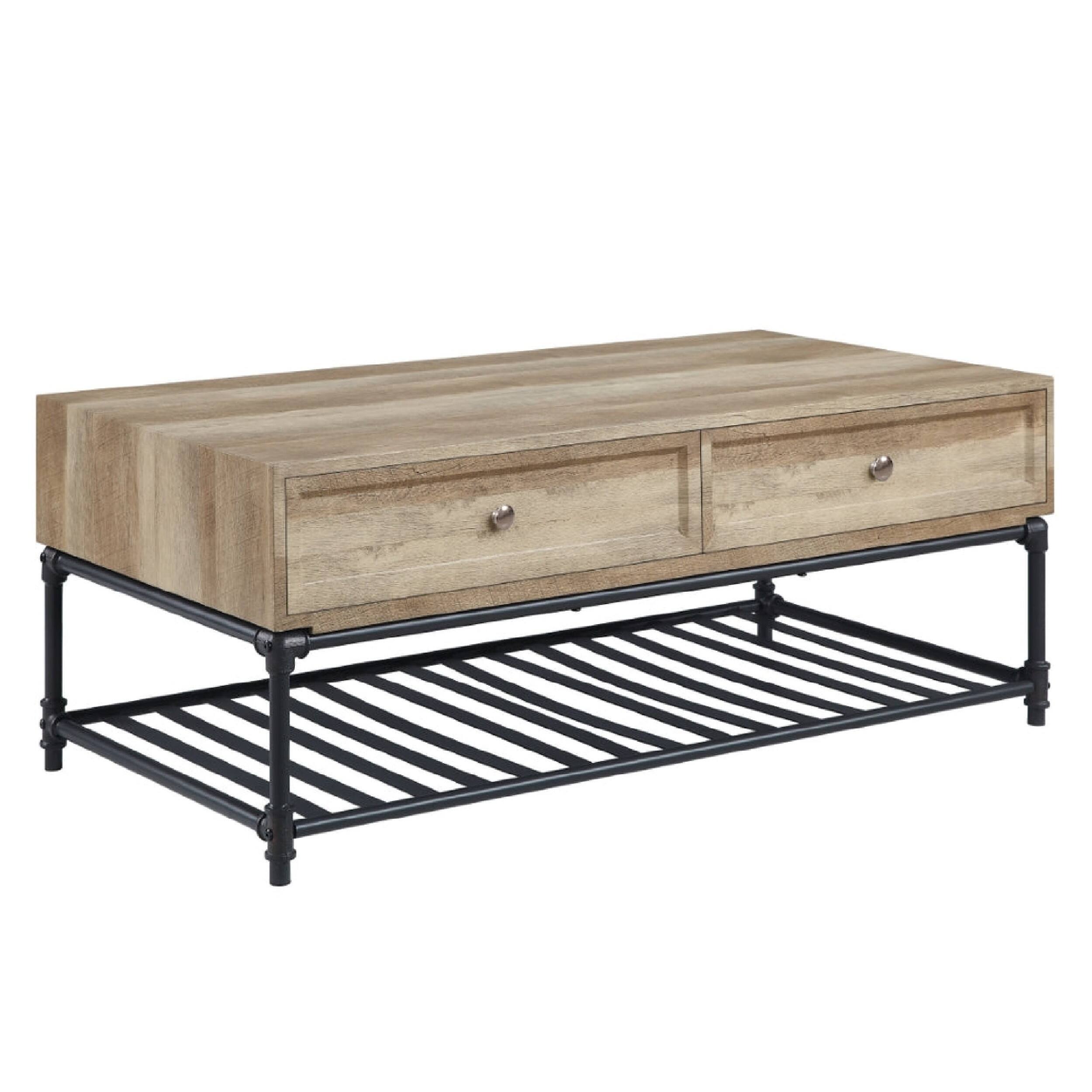 Front. Manhattan Lane - Ley 47 Inch Coffee Table, 2 Drawers, Industrial Design, Slatted Shelf - Brown.