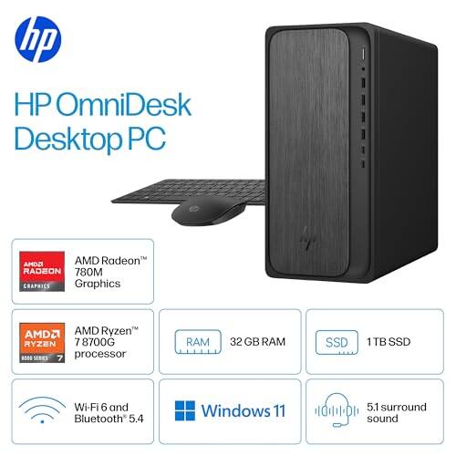 HP OmniDesk Desktop PC  
- AMD Radeon RADEON 780M Graphics  
- AMD Ryzen RYZEN 7 8700G processor  
- 32 GB RAM  
- 1TB SSD  
- Wi-Fi 6 and Bluetooth 5.4  
- Windows 11  
- 5.1 surround sound