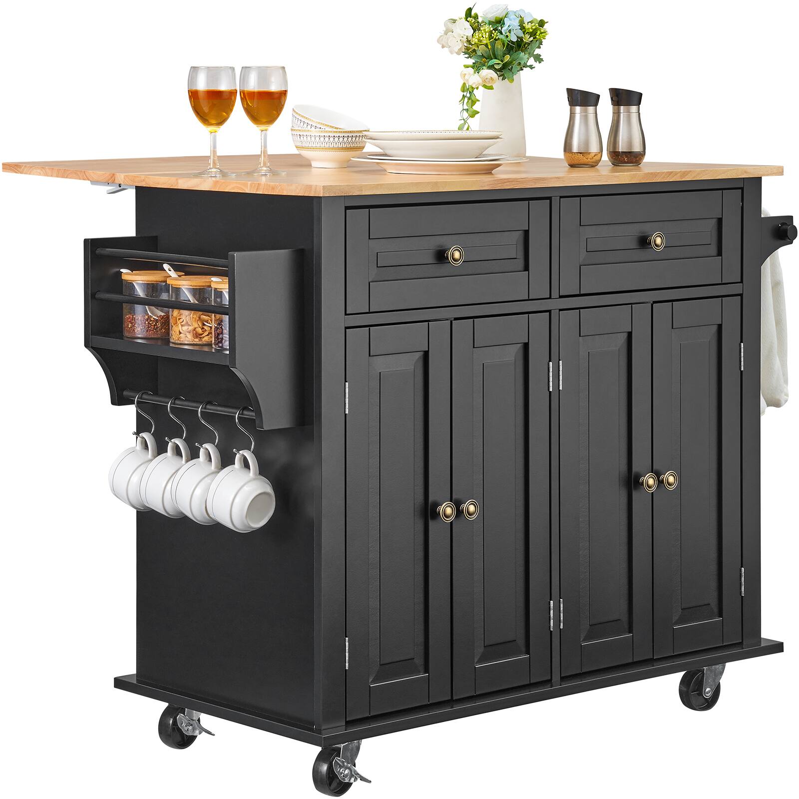 Alt View 5. VEVOR - Kitchen Island Cart, 43" Wood Top Mobile Carts with Storage Cabinet, Rolling Table with Drop Leaf, Spice Rack, Towel Bar - Black.