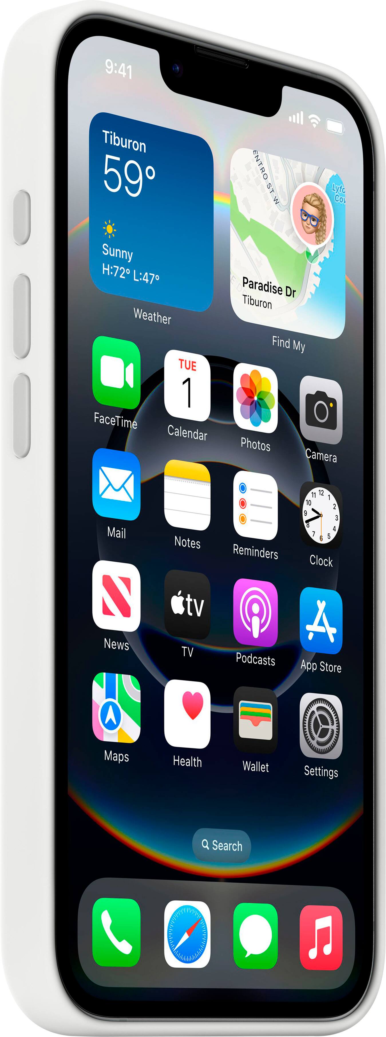 The text on the image reads:

9:41 Tiburon 59° ENTRO STW Lyto Col Sunny H:72 L:47 Weather TUE 1 FaceTime Calendar Paradise Dr Tiburon Find My Photos Camera Mail Notes Reminders 11 12 1 10 2 a . 4 7 1 I Clock News Maps tv TV Health Podcasts Wallet App Store Settings Q Search.

This text appears to be a combination of various app icons and information, such as the time, location, and weather conditions. It also includes icons for different apps and features, such as FaceTime, Calendar, Find My, Camera, Mail, Notes, Reminders, and more.