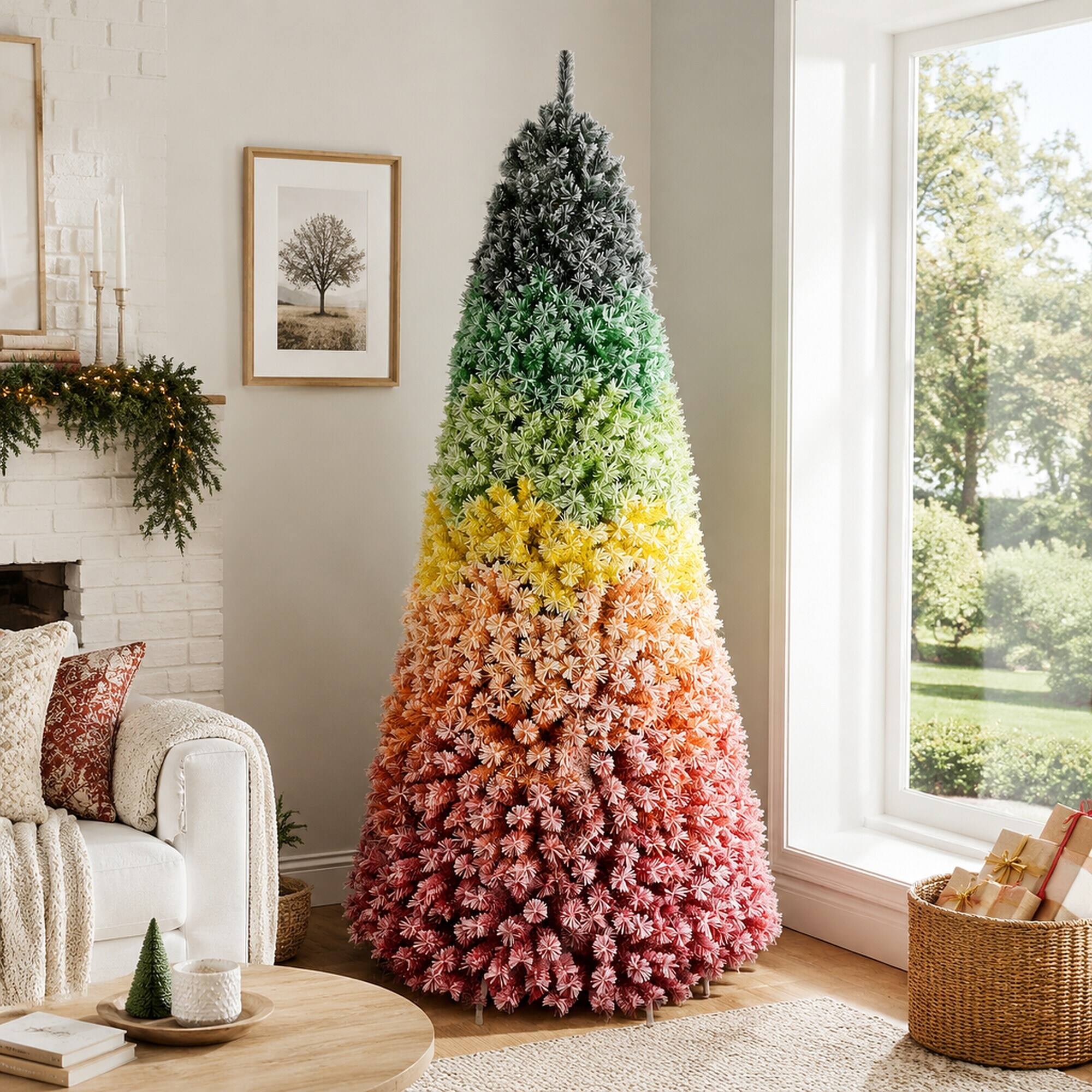Back. RYHNUYNE - 6Ft Rainbow Gradient Flocked PVC Christmas Tree, 1326 Tips Colorful Full-Bodied Pine Snowy Finish Hinged Design - Colorful.