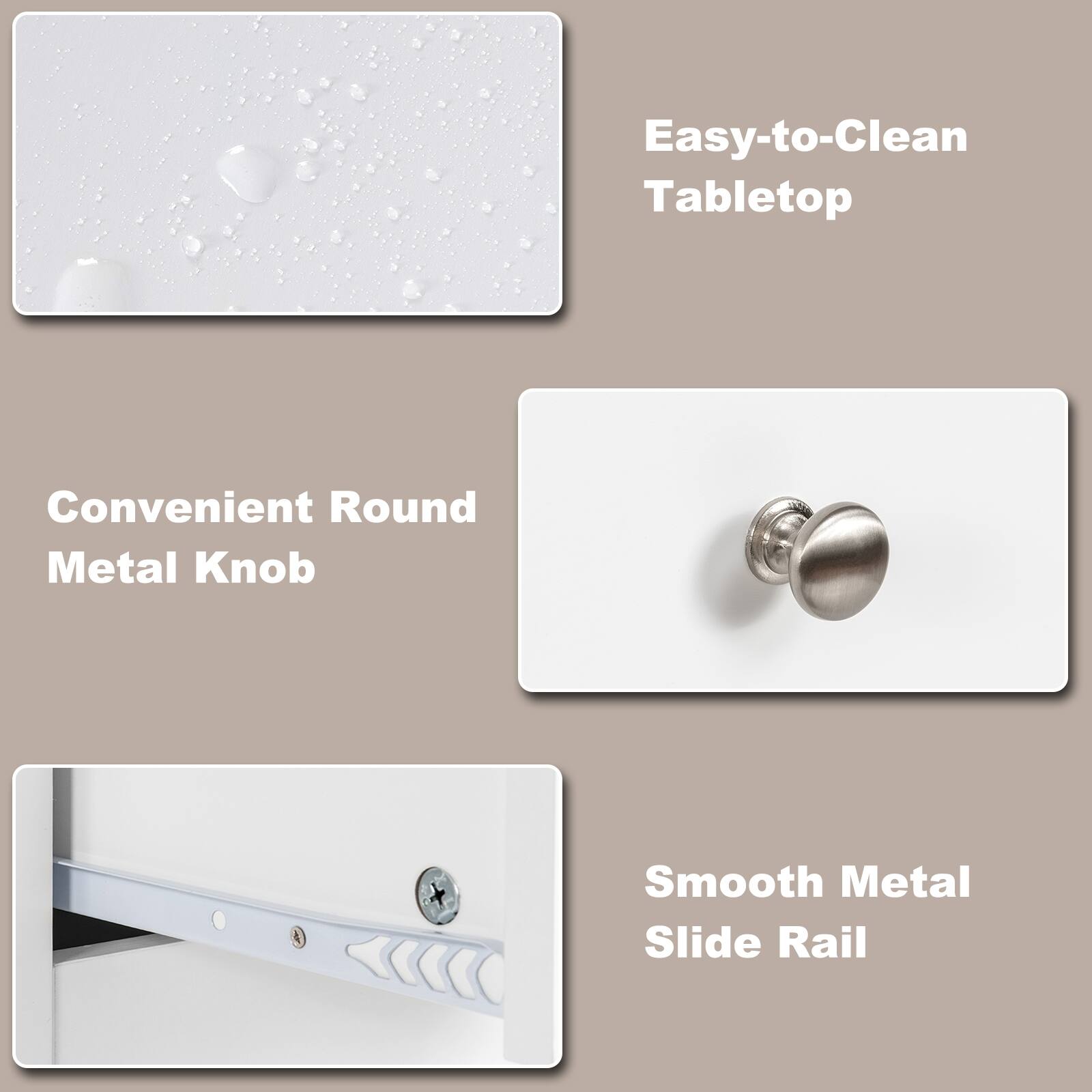 Easy-to-Clean Tabletop, Convenient Round Metal Knob, Smooth Metal Slide Rail