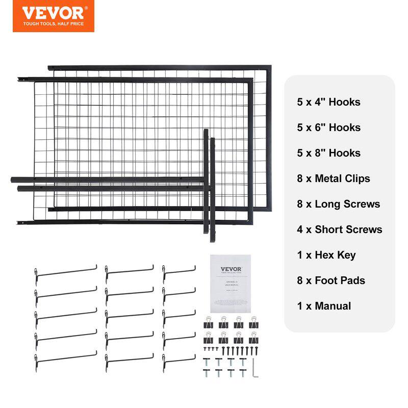 VEVOR TOUGH TOOLS, HALF PRICE

5 x 4" Hooks  
5 x 6" Hooks  
5 x 8" Hooks  
8 x Metal Clips  
8 x Long Screws  
4 x Short Screws  
1 x Hex Key  
8 x Foot Pads  
1 x Manual