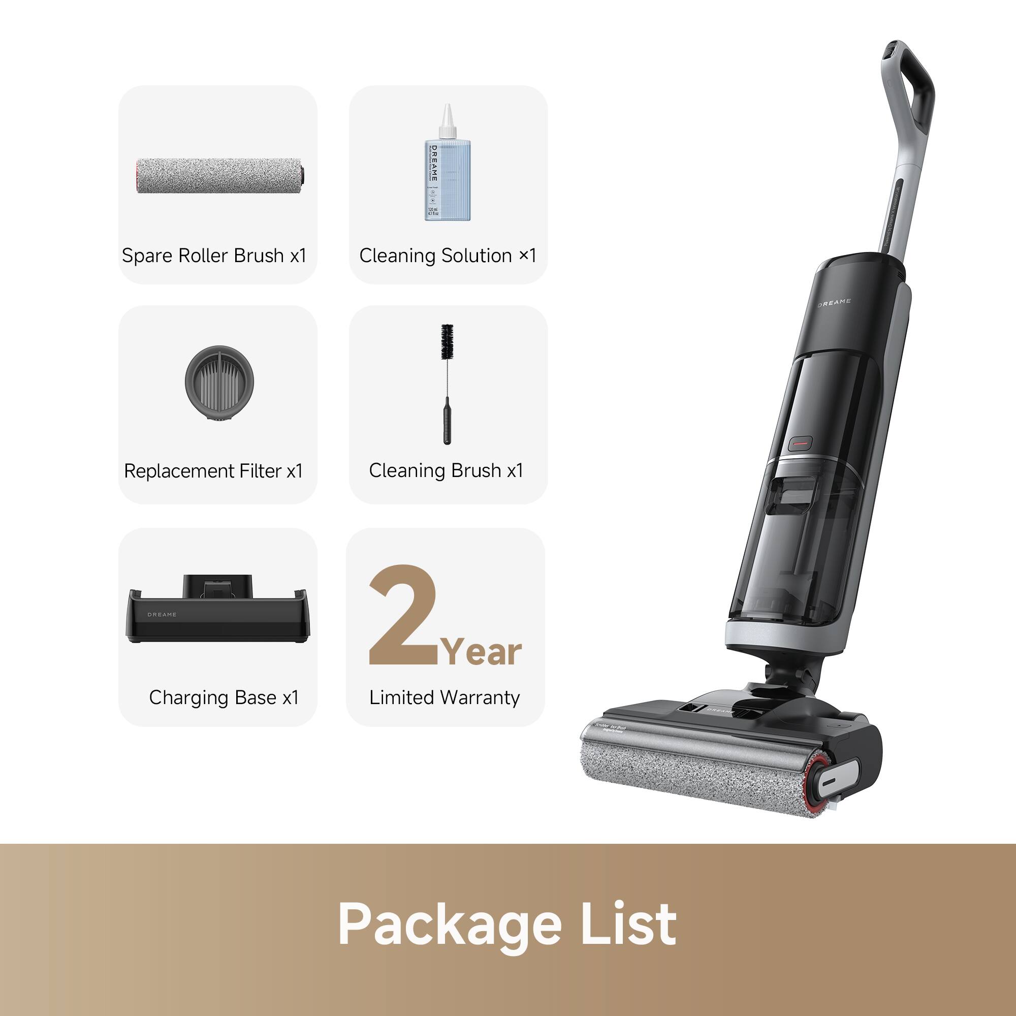 Sure, here is the corrected and grouped text from the image:

---

**Package List**

- Spare Roller Brush x1
- Cleaning Solution x1
- Replacement Filter x1
- Cleaning Brush x1
- Charging Base x1
- 2 Year Limited Warranty

---