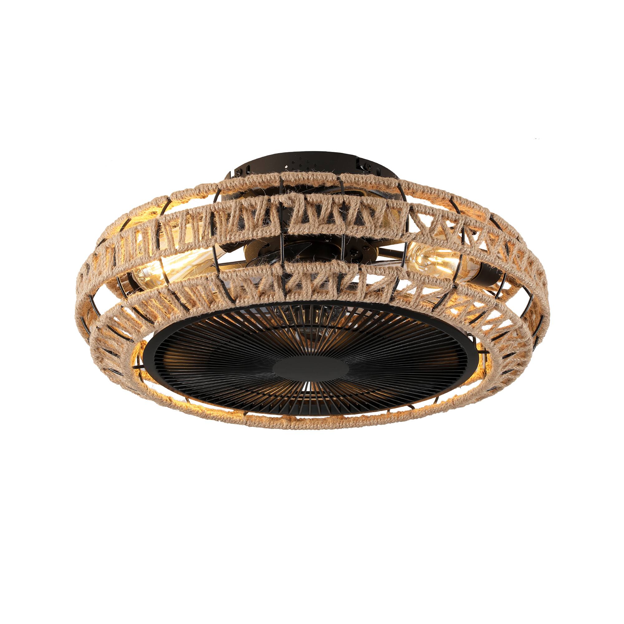 Alt View 7. Sofucor - 20" Rustic Caged Ceiling Fan with Light and Remote Boho Handwoven Flush Mount Fandelier fr Farmhouse Bedroom Living Room - Black & Rope 1.