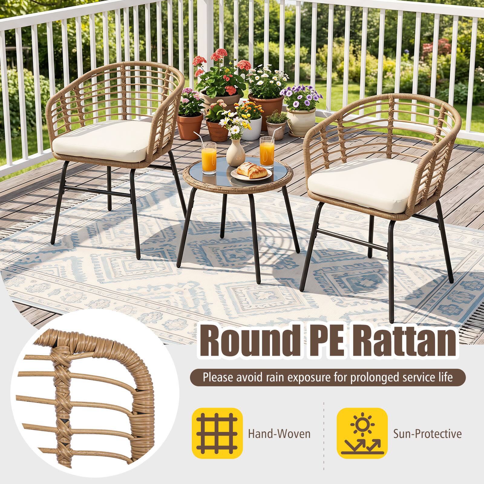 Round PE Rattan  
Please avoid rain exposure for prolonged service life  
Hand-Woven  
Sun-Protective
