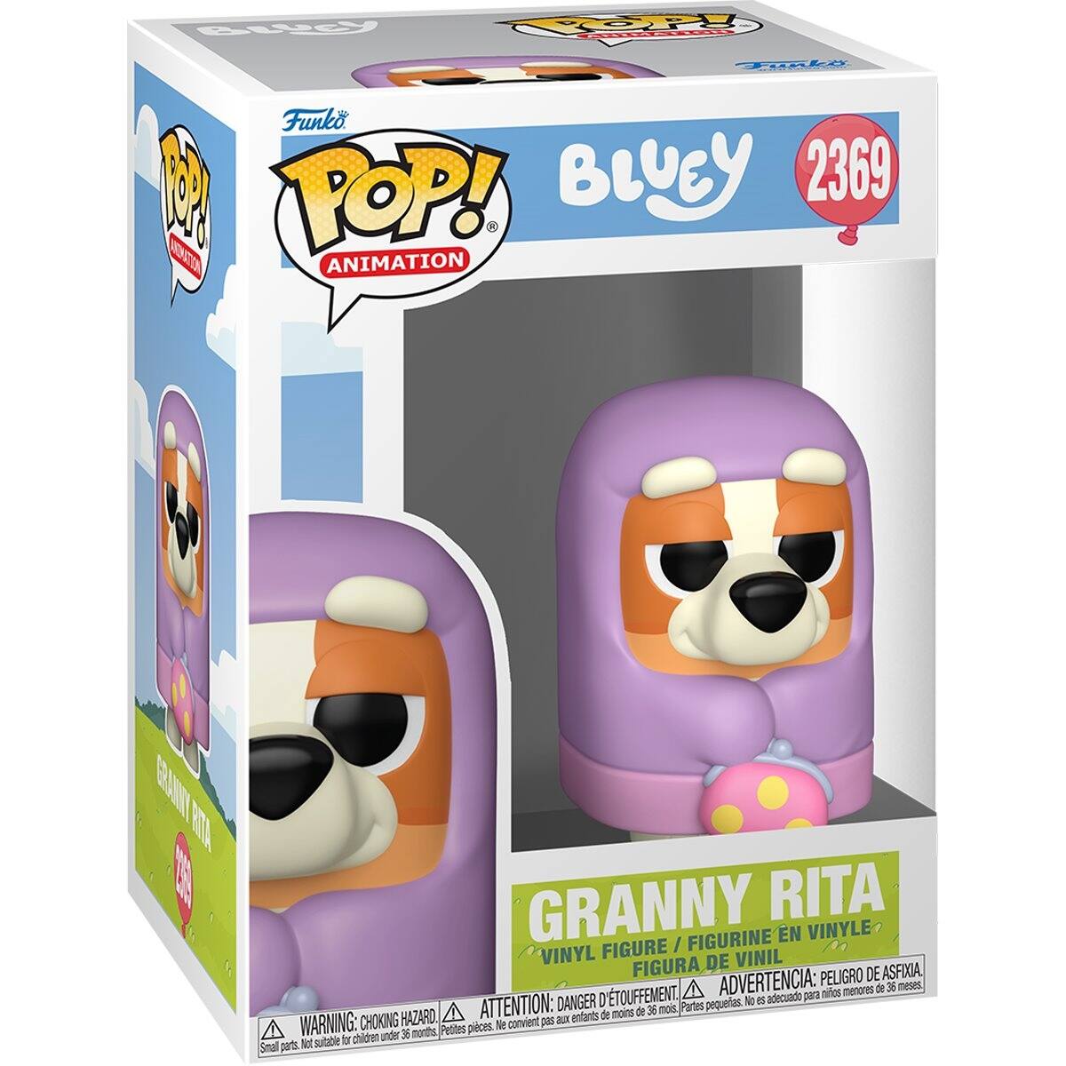 BLUEY
ANIMATION
Funko POP! BLUCY 2369 10000 ANIMATION
GRANNY RITA FIGURINE EN VINYLE FIGURE / VINYL FIGURA DE VINIL
ADVERTENCIA: PELIGRO DE ASFIXIA, de 36 meses, D'ETOUFFEMENT, para niños menores ATTENTION: DANGER petites. No es adecuado moins de 36 mois, Partes HAZARD, aux enfants de WARNING: CHOKING months, Petites pieces. Ne convient pas children under 36 Not suitable for Small parts.