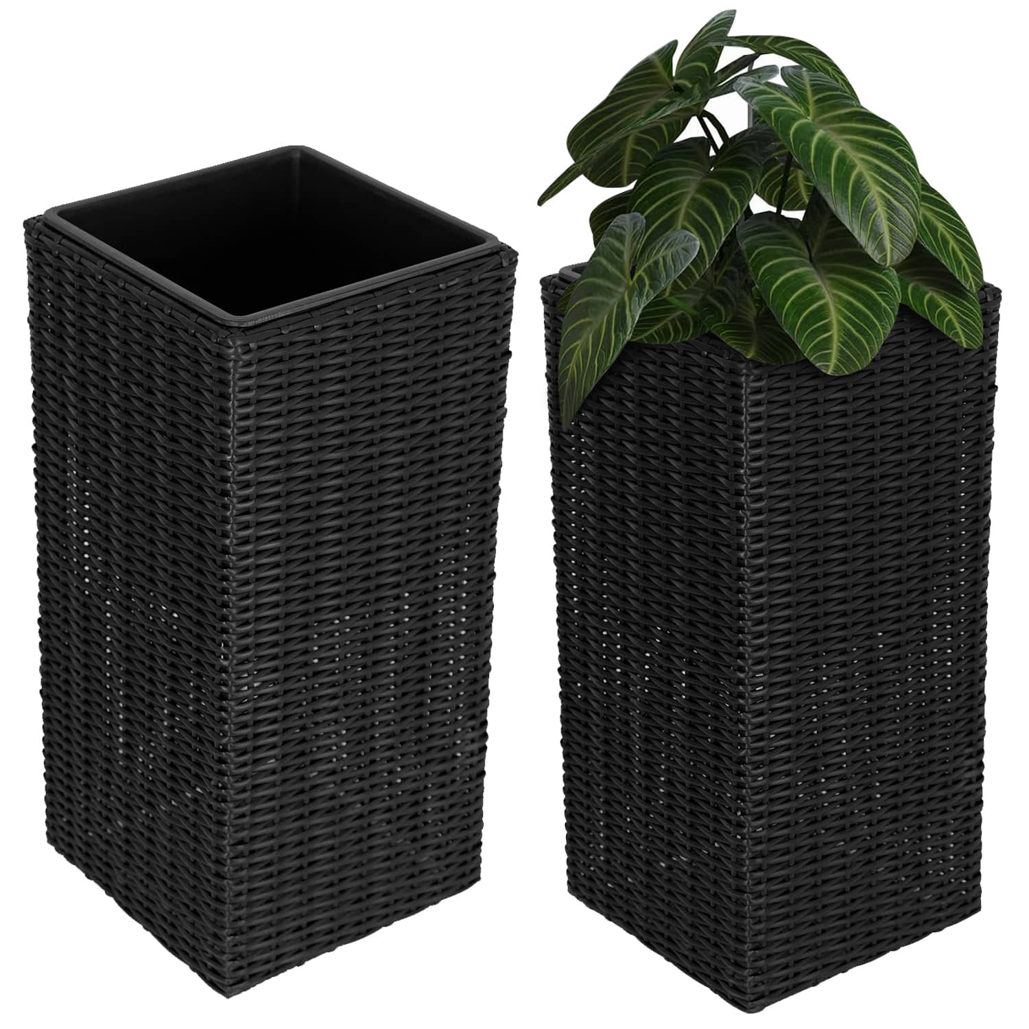 Balkene Home - Tall Planter and Sierra Square Wicker Planter Set of 2 - Modern Outdoor Planters for Patio, Balcony, or Garden - Black