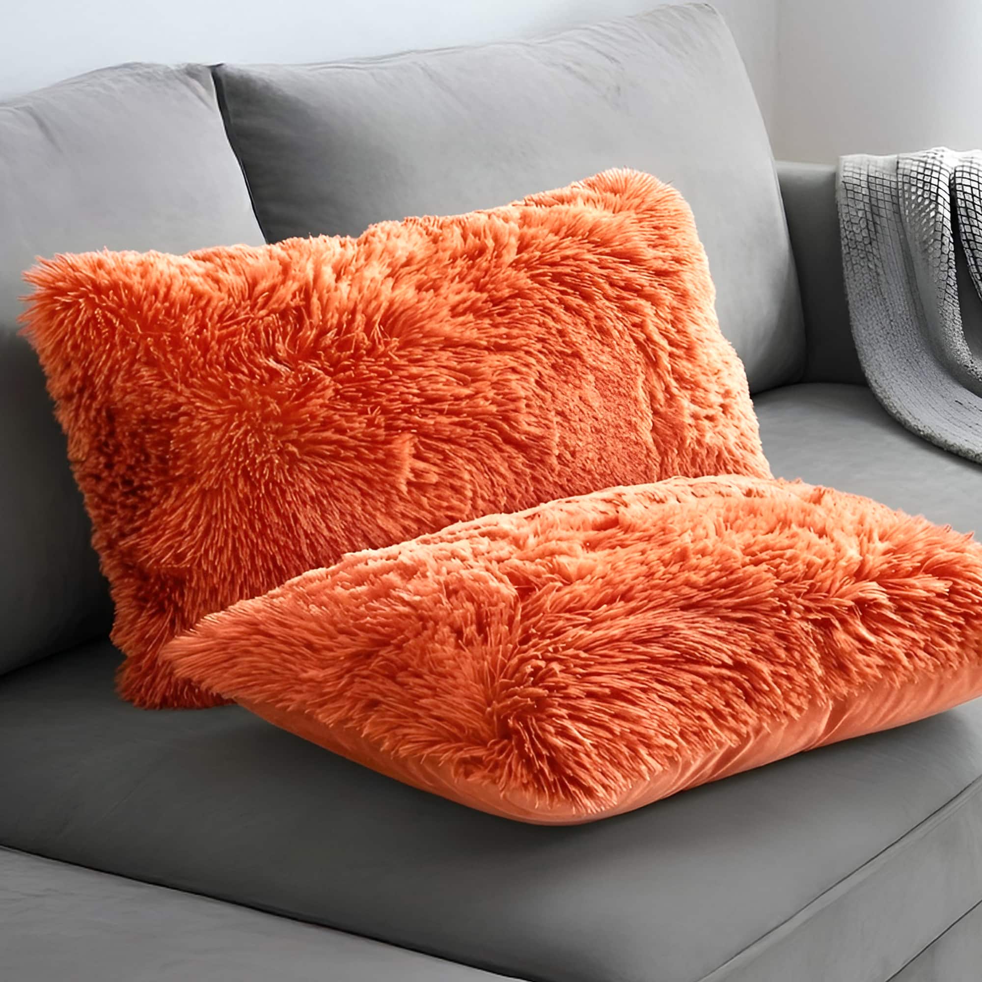 Cheer Collection - Plush Shaggy Long Hair Faux Fur Lumbar Accent Pillows with Inserts, 12 x 20 in, Set of 2 - Rust - Rust Orange