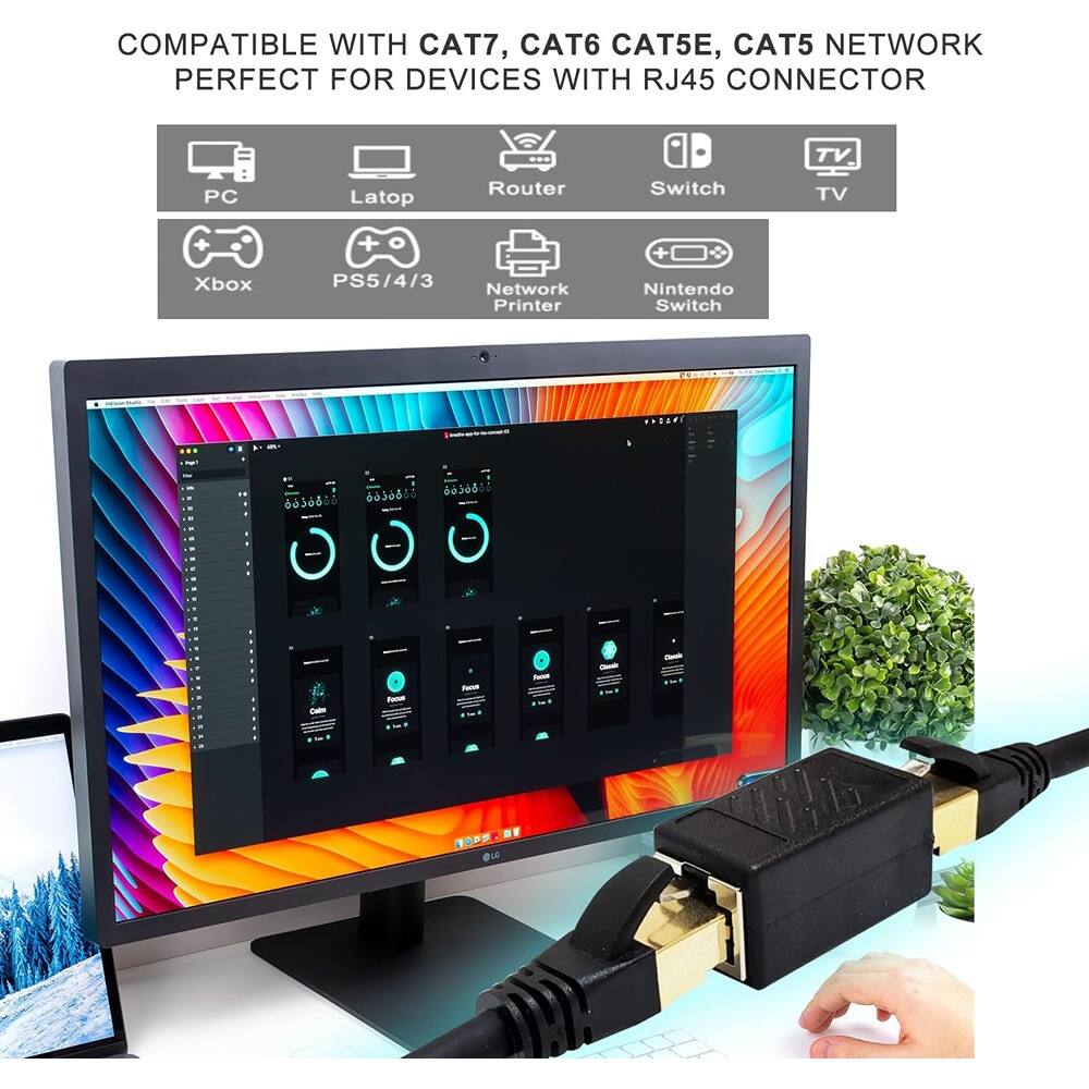 COMPATIBLE WITH CAT7, CAT6, CAT5E, CAT5 NETWORK  
PERFECT FOR DEVICES WITH RJ45 CONNECTOR  

- PC  
- Laptop  
- Router  
- Switch  
- TV  
- Xbox  
- PS5/4/3  
- Network Printer  
- Nintendo Switch