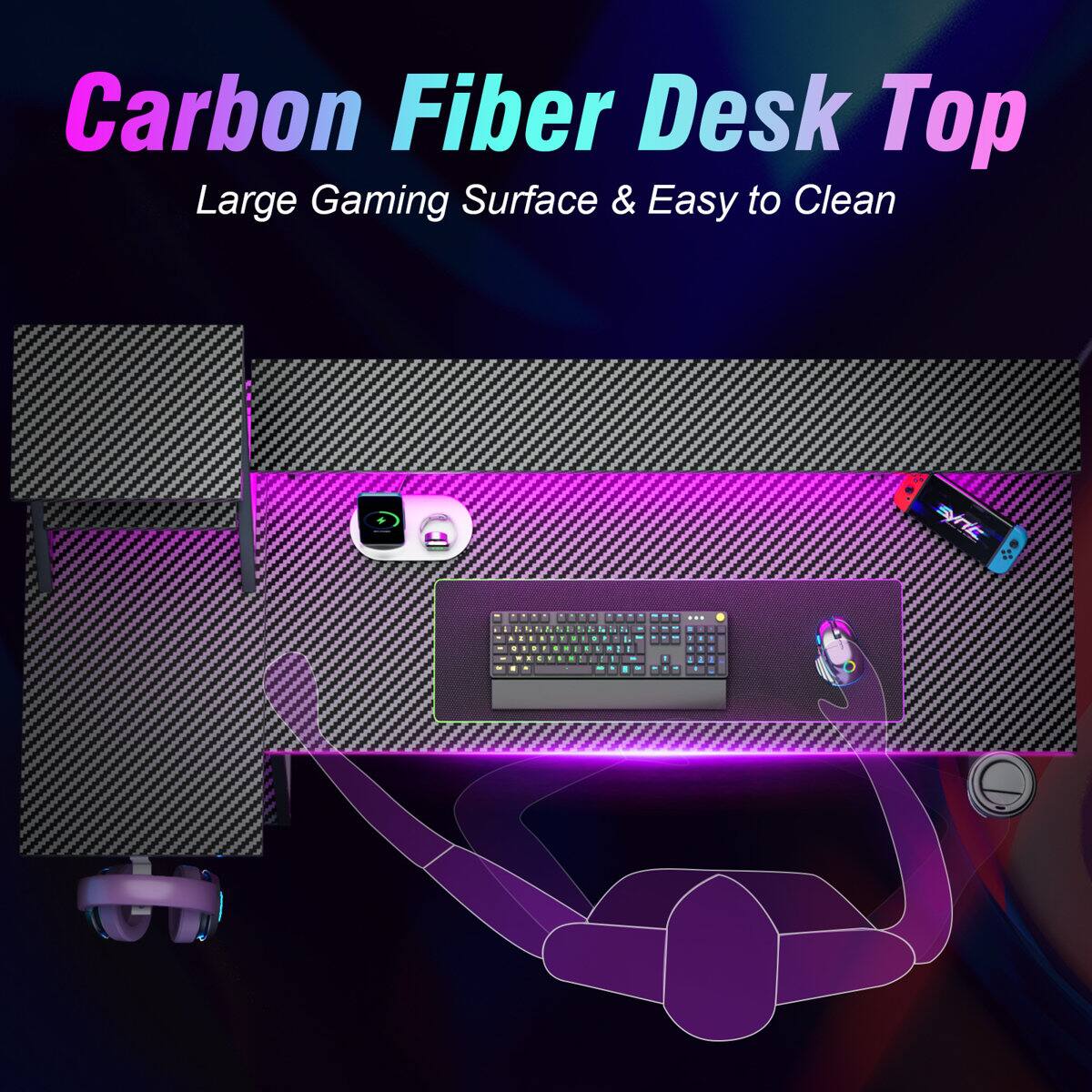 Carbon Fiber Desk Top Large Gaming Surface & Easy to Clean