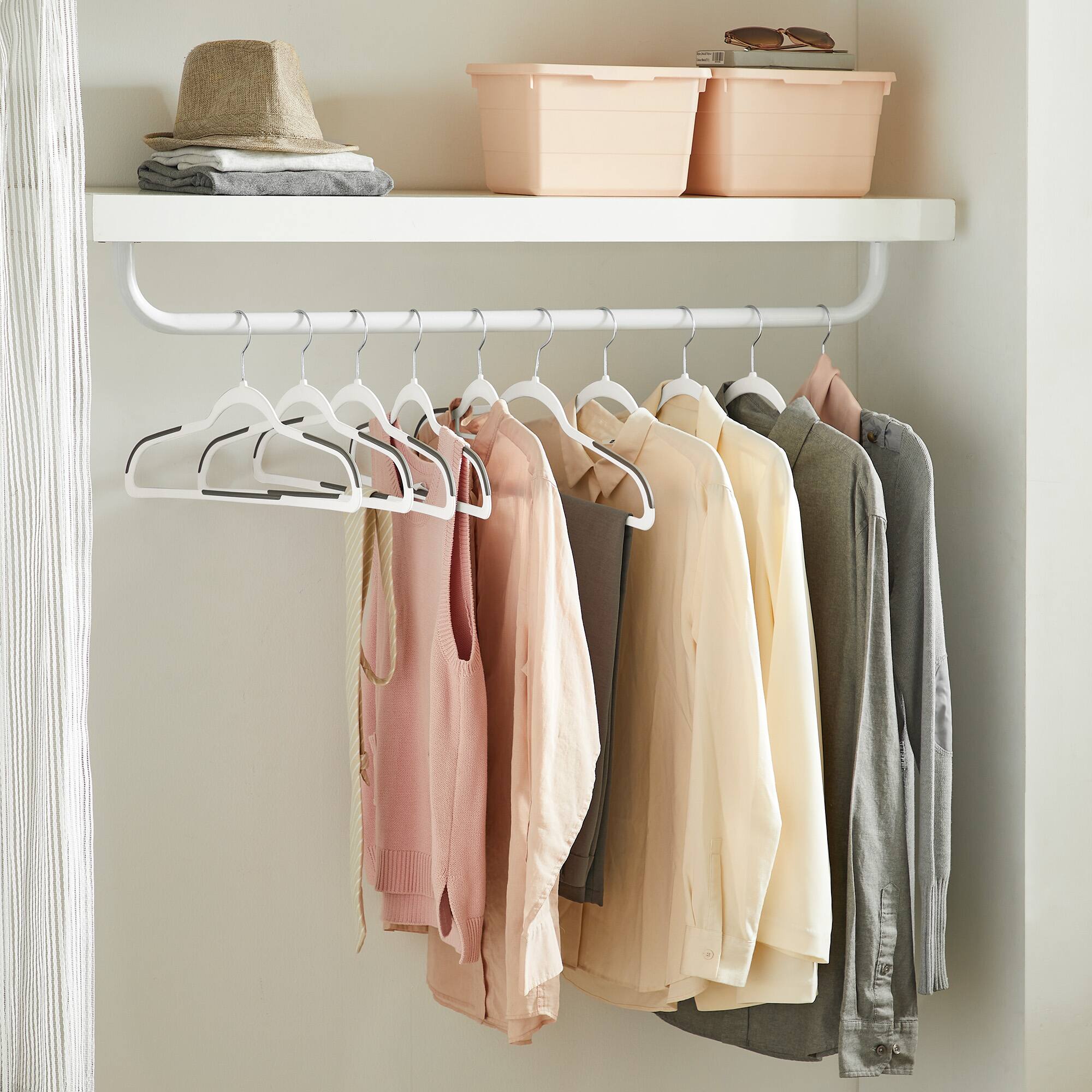 Left. Songmics Home - Clothes Hangers, Pack of 50 Plastic Coat Hangers, Space-Saving, 0.2 Inches Thick, 17.7 Inches Wide, 360° Swivel Hook - Cloud White and Dark Gray.