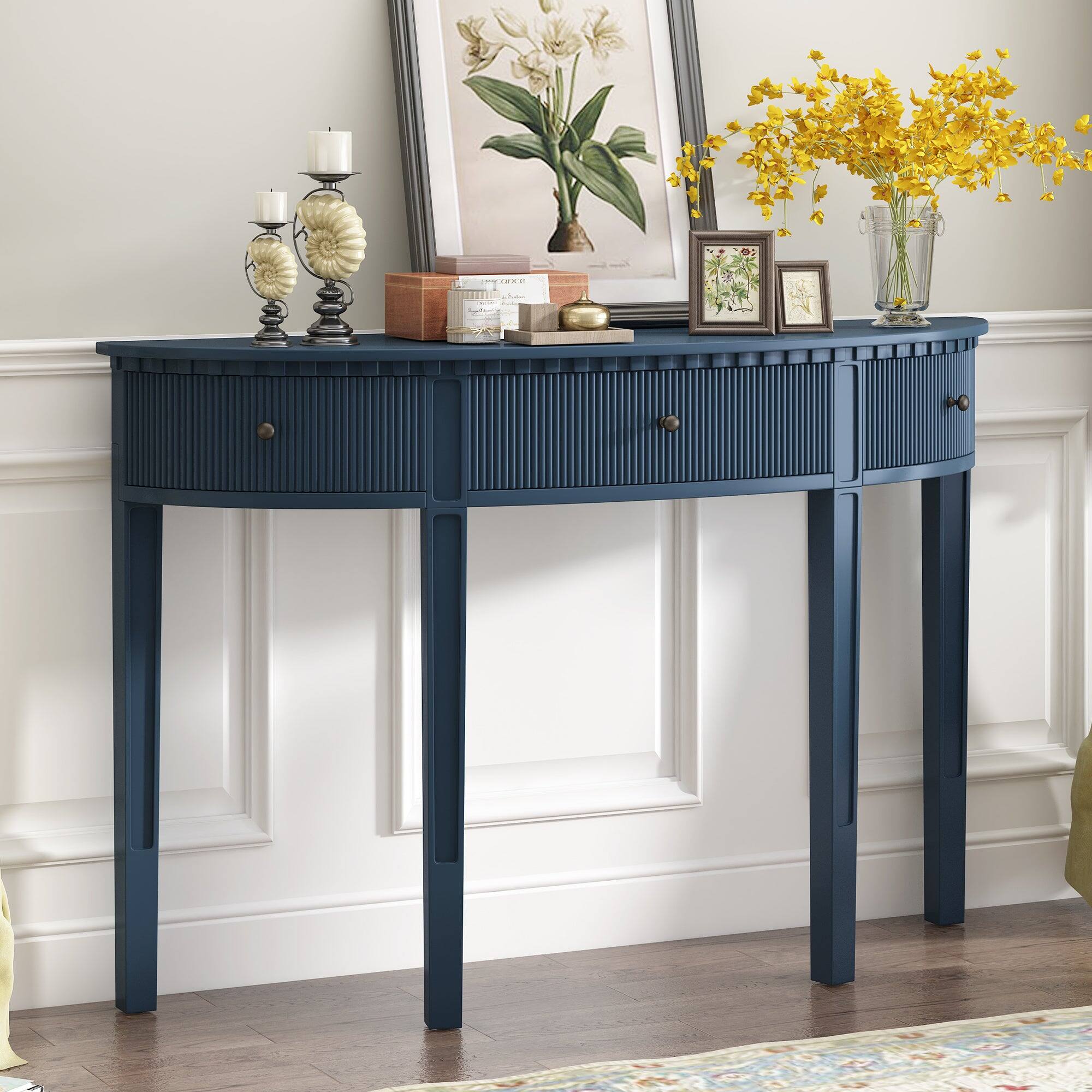 Alt View 1. Boyel Living - Modern Vertical Stripe Console Table with 3 Drawers and Solid Pine Legs - Blue.