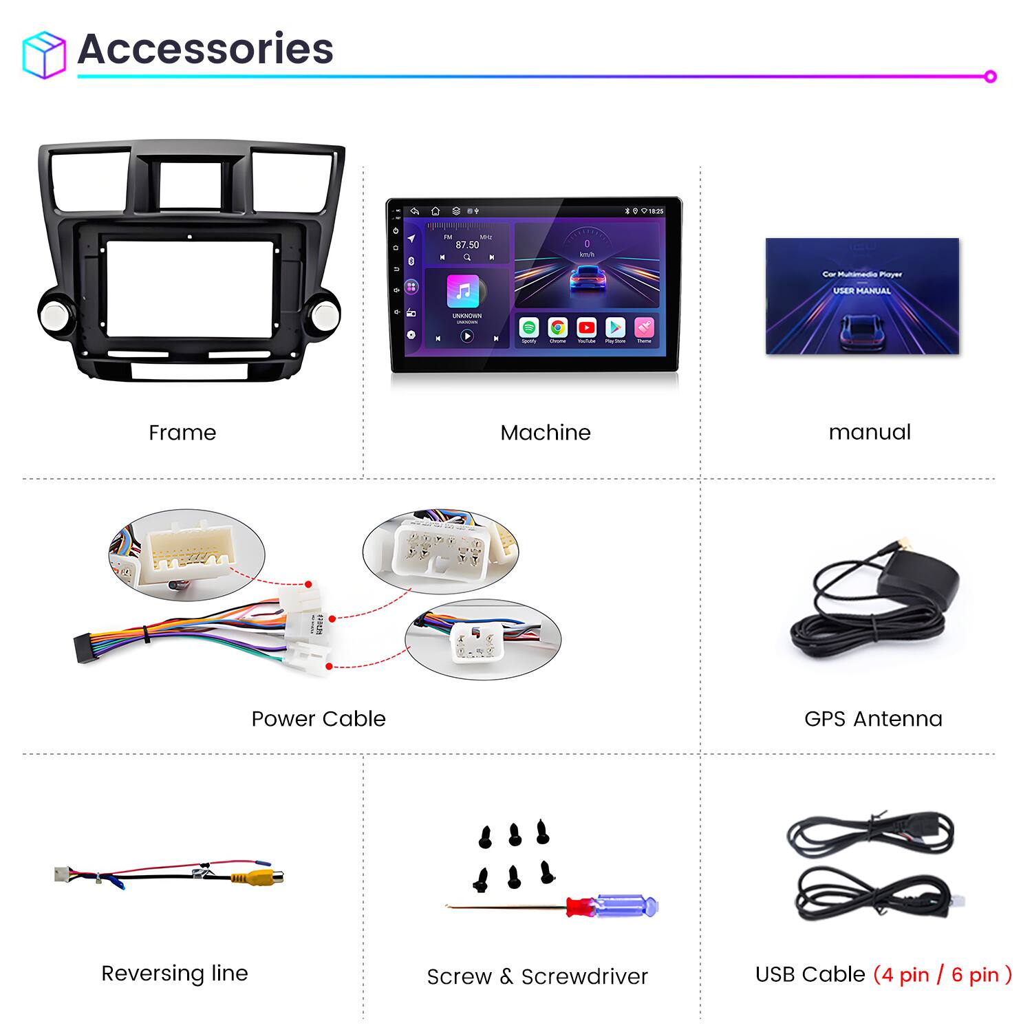 Accessories

- Frame
- Machine
- Manual
- Power Cable
- GPS Antenna
- Reversing Line
- Screw & Screwdriver
- USB Cable (4 pin / 6 pin)