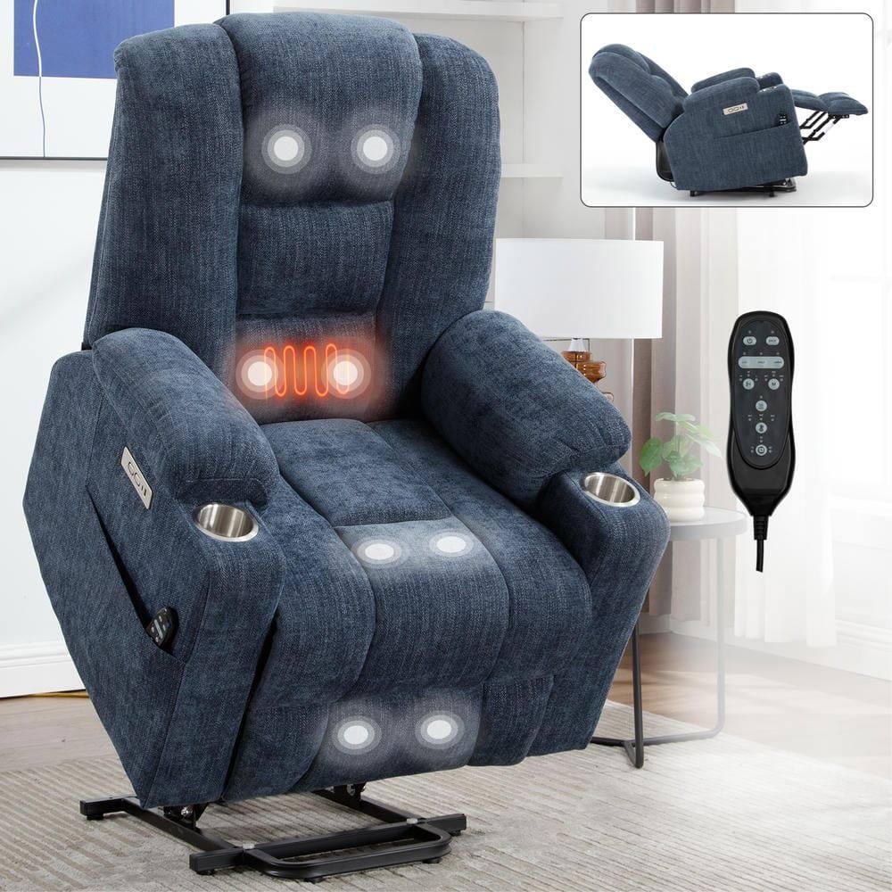 Alt View 7. Kadyn - Power Lift Recliner Chair, Massage & Heat, Dual USB Ports, Cup Holders, 155° Recline, Navy Blue - Blue.