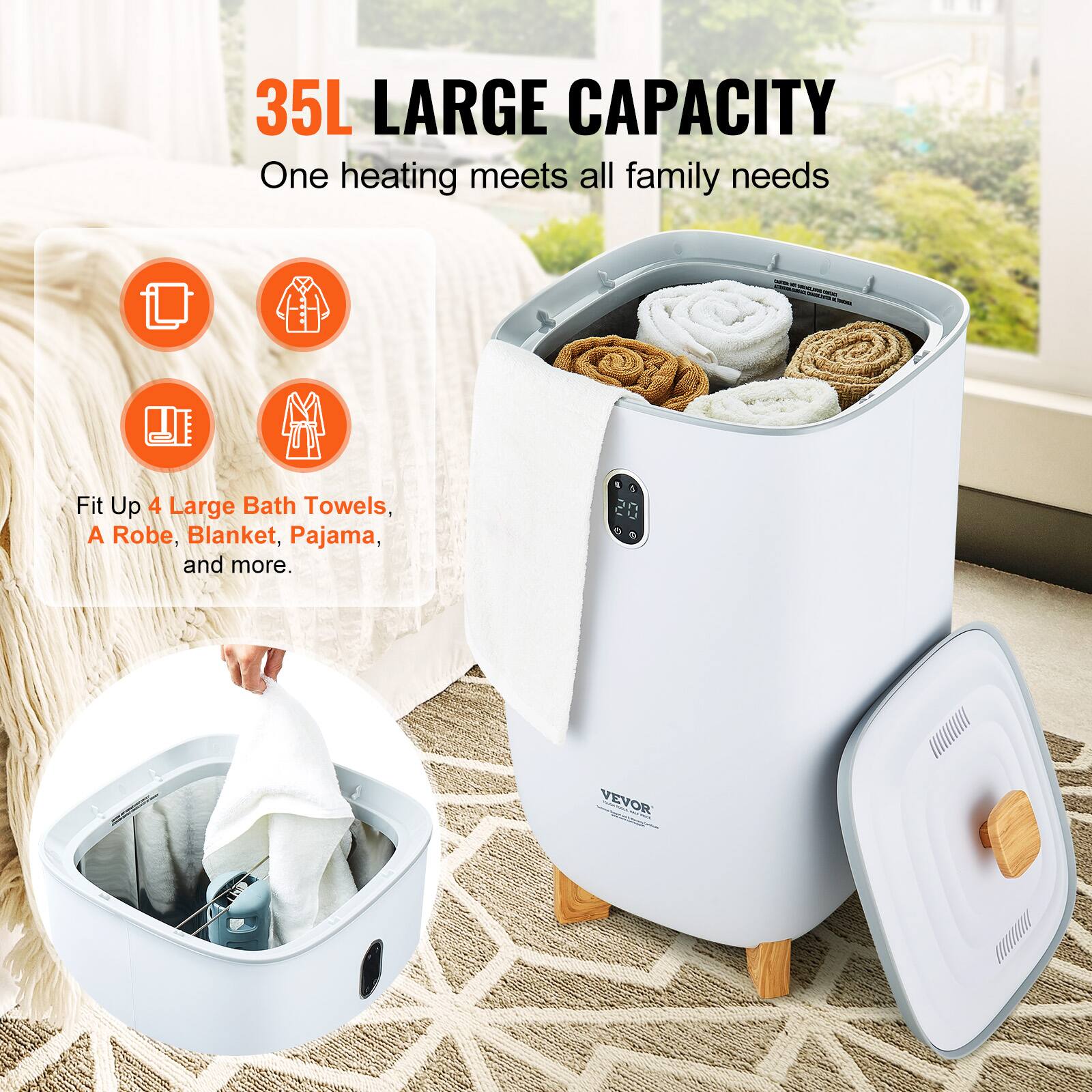 35L LARGE CAPACITY
One heating meets all family needs
Fit Up 4 Large Bath Towels, A Robe, Blanket, Pajama, and more.
VEVOR
