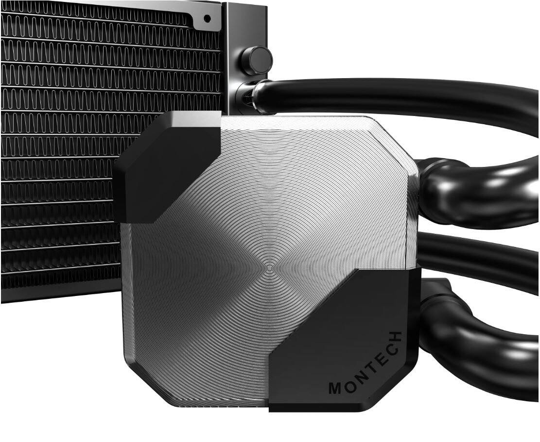 Left. Montech - MONTECH HyperFlow Silent 240 Black – Ultra-Quiet AIO Cooler, 3100RPM Pump, Triple Fans, Intel/AMD - Black.
