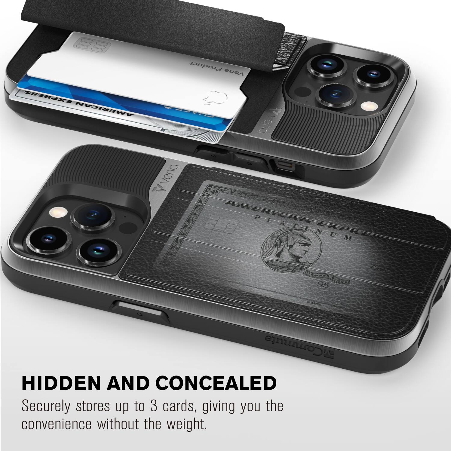 HIDDEN AND CONCEALED
Securely stores up to 3 cards, giving you the convenience without the weight.