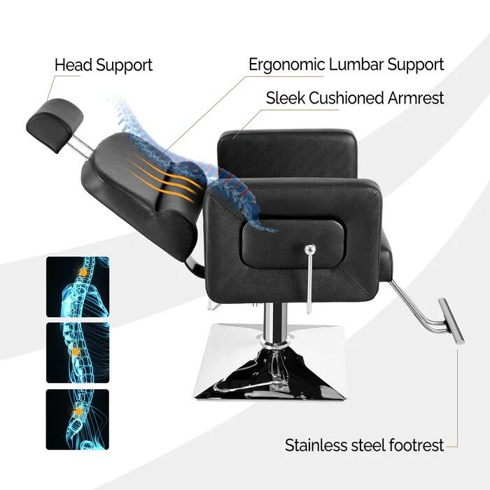 Head Support  
Ergonomic Lumbar Support  
Sleek Cushioned Armrest  
Stainless steel footrest