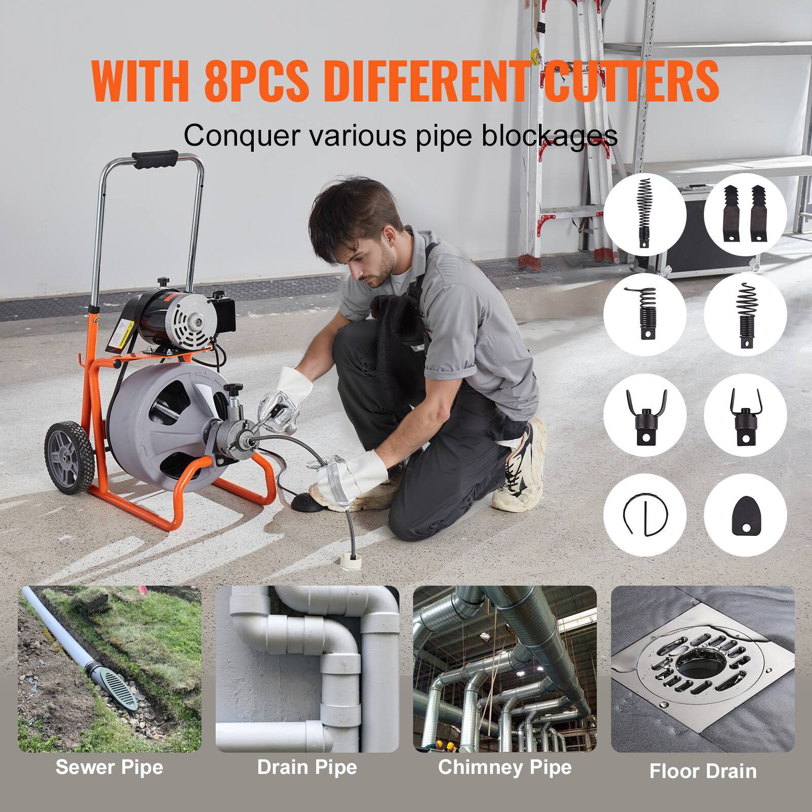 WITH 8PCS DIFFERENT CUTTERS
Conquer various pipe blockages
Sewer Pipe
Drain Pipe
Chimney Pipe
Floor Drain