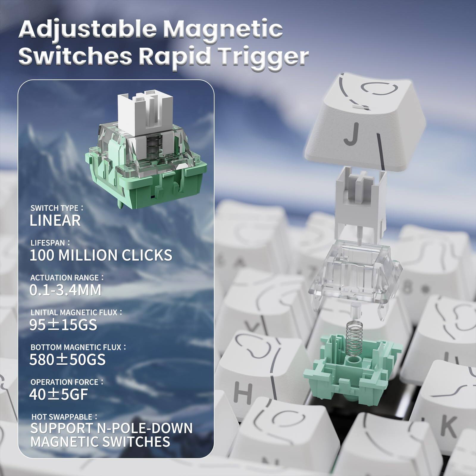 Adjustable Magnetic Switches Rapid Trigger

SWITCH TYPE: LINEAR

LIFESPAN: 100 MILLION CLICKS

ACTUATION RANGE: 0.1-3.4MM

INITIAL MAGNETIC FLUX: 95 ± 15GS

BOTTOM MAGNETIC FLUX: 580 ± 50GS

OPERATION FORCE: 40 ± 5GF

HOT SWAPPABLE: SUPPORT N-POLE-DOWN MAGNETIC SWITCHES