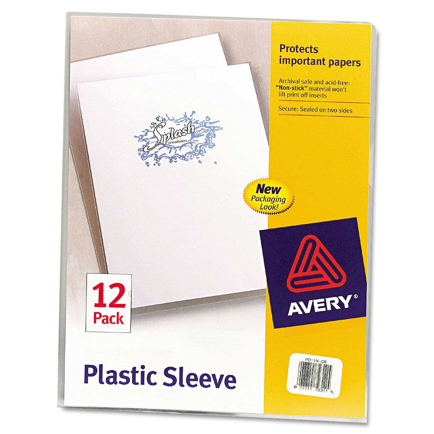 Protects important papers

Archival safe and acid-free: "Non-stick" material won't lift print off inserts

Secure: Sealed on two sides

New Packaging Look!

12 Pack

AVERY Plastic Sleeve

PO1 IN-OR e 27711 72311