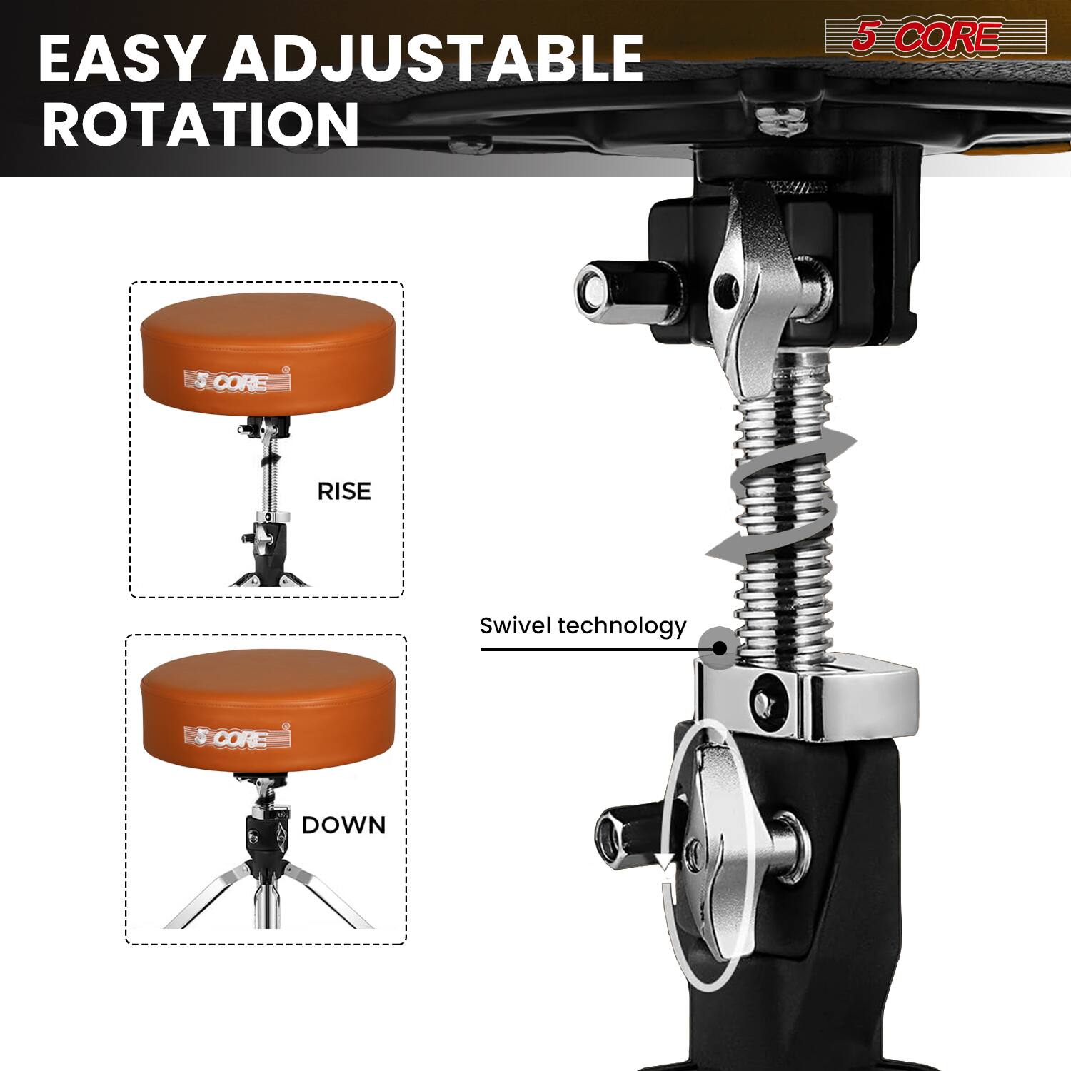 EASY ADJUSTABLE ROTATION

5 CORE

RISE

Swivel technology

DOWN