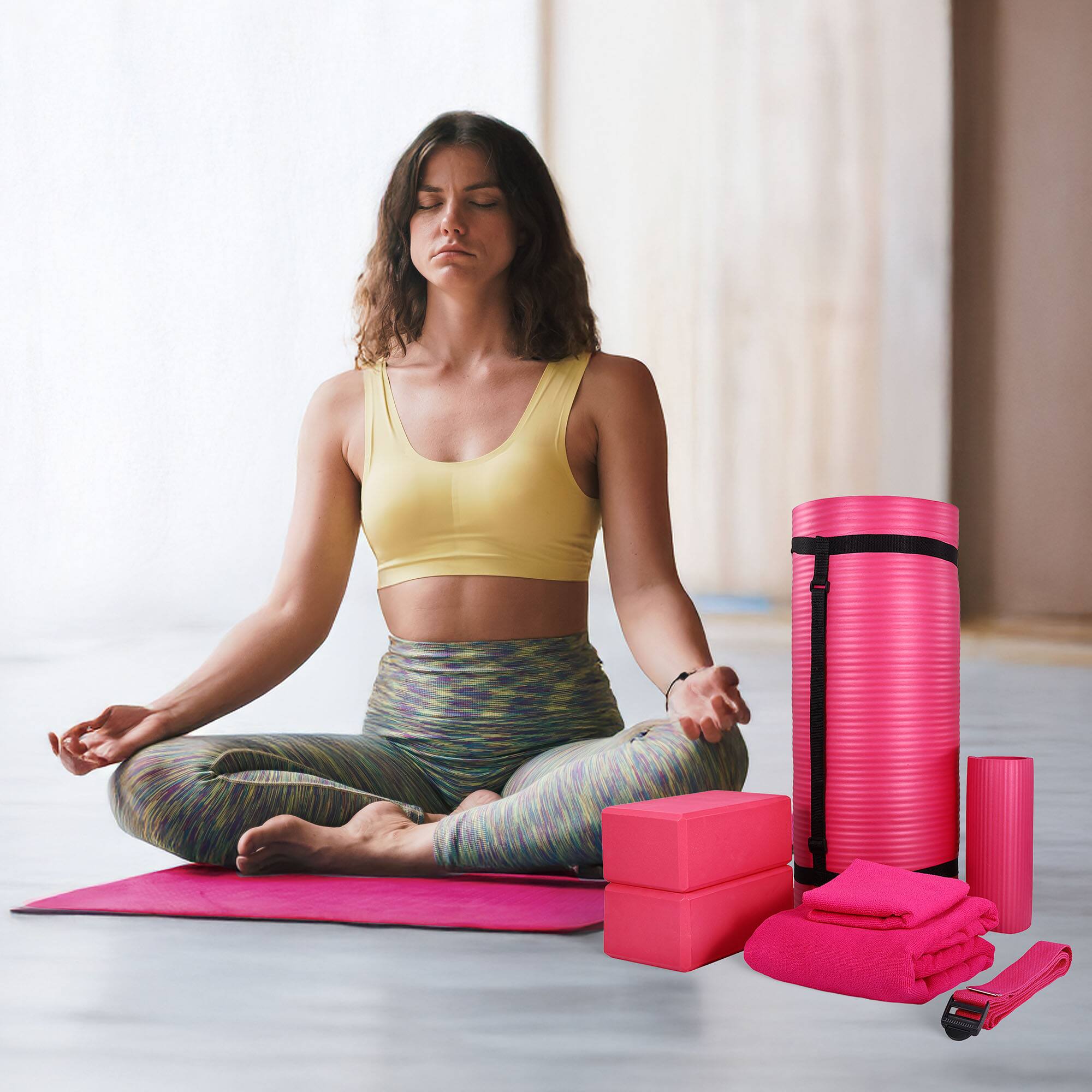 Alt View 4. BalanceFrom Fitness - BalanceFrom Fitness 7 Piece Yoga Set with Mat, Stretch Strap, & Knee Pad, Pink - Pink.