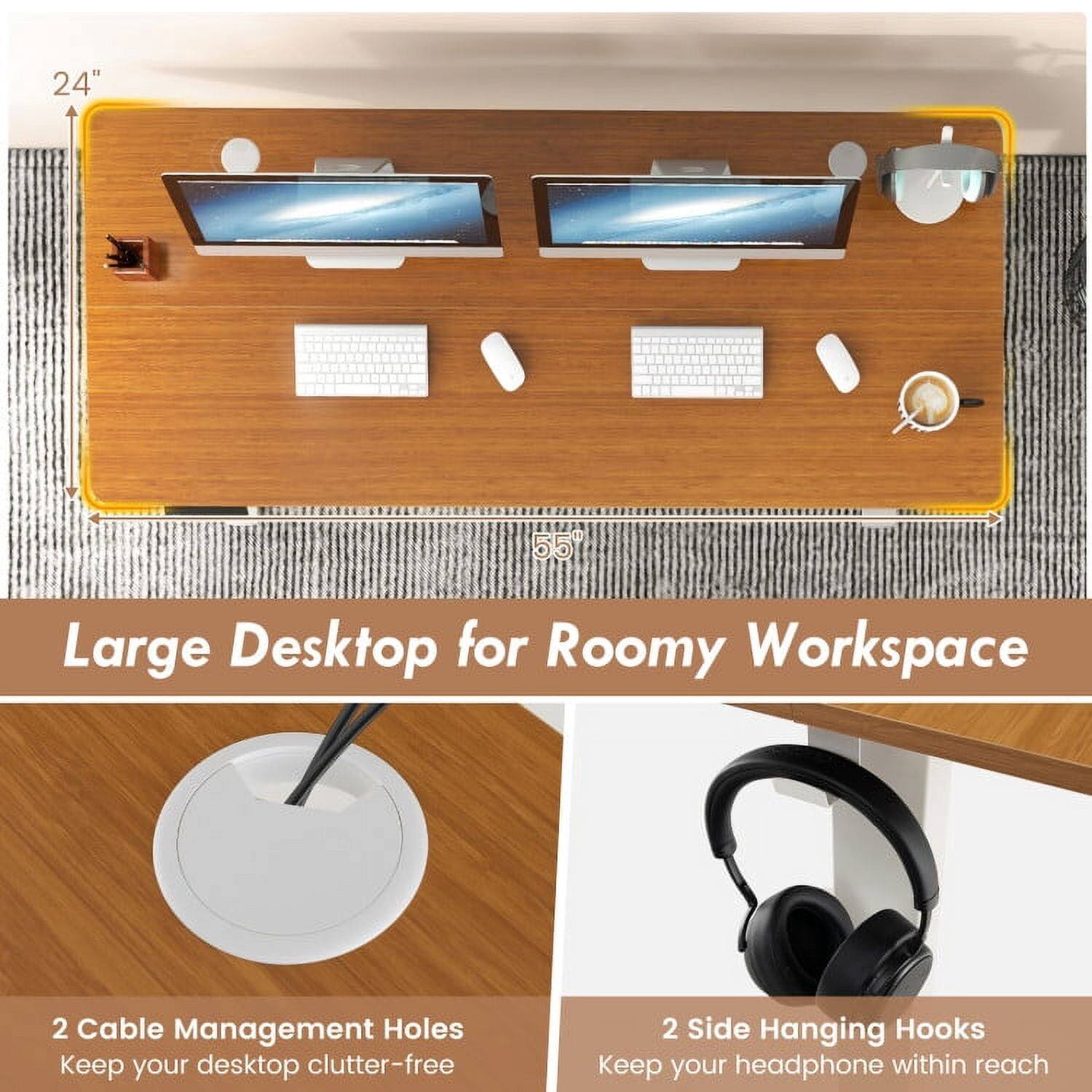 24" 55 Large Desktop for Roomy Workspace  
2 Cable Management Holes  
Keep your desktop clutter-free  
2 Side Hanging Hooks  
Keep your headphone within reach