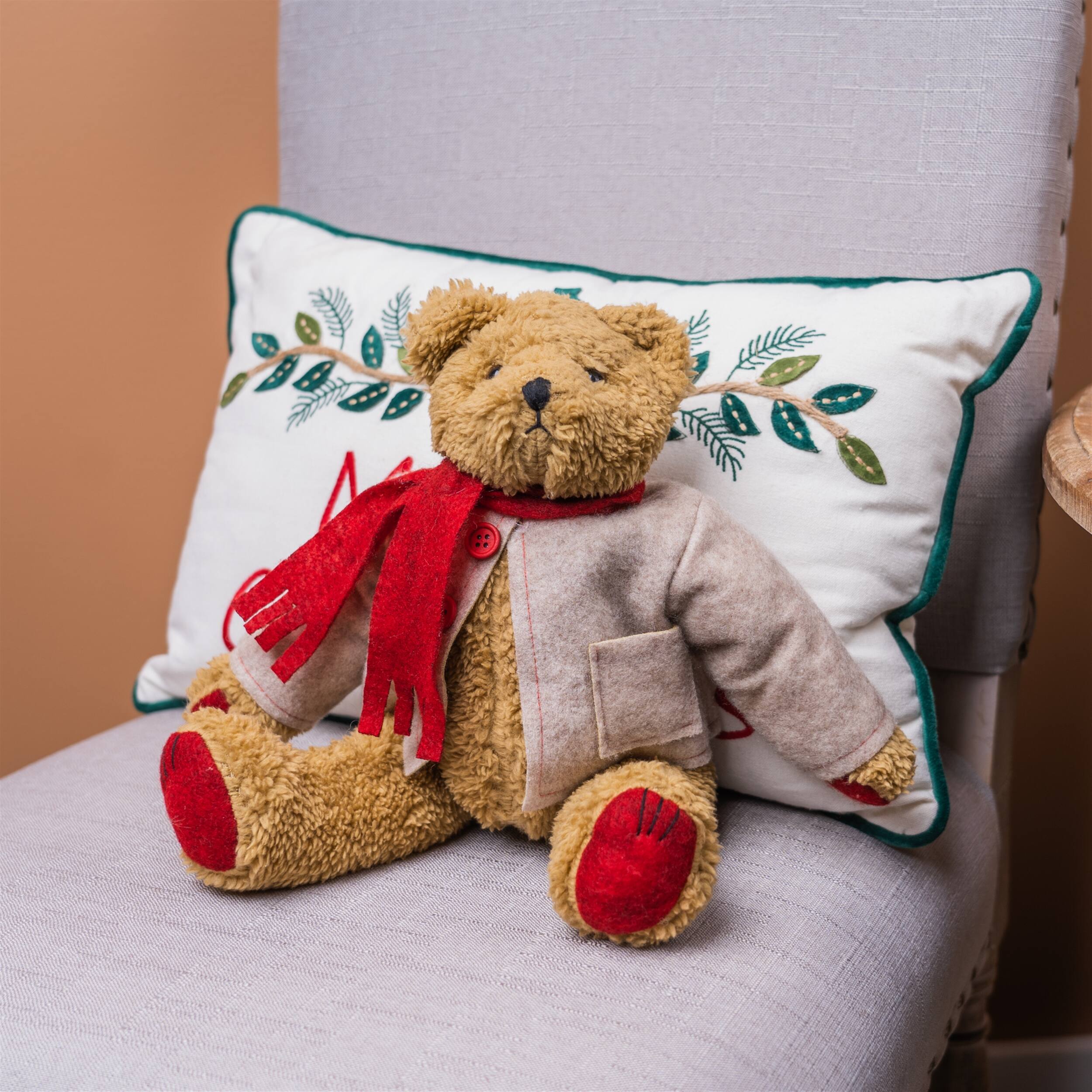 Angle. BreeBe - Vintage Teddy Bear with Coat and Scarf 14"H - Brown, Red.