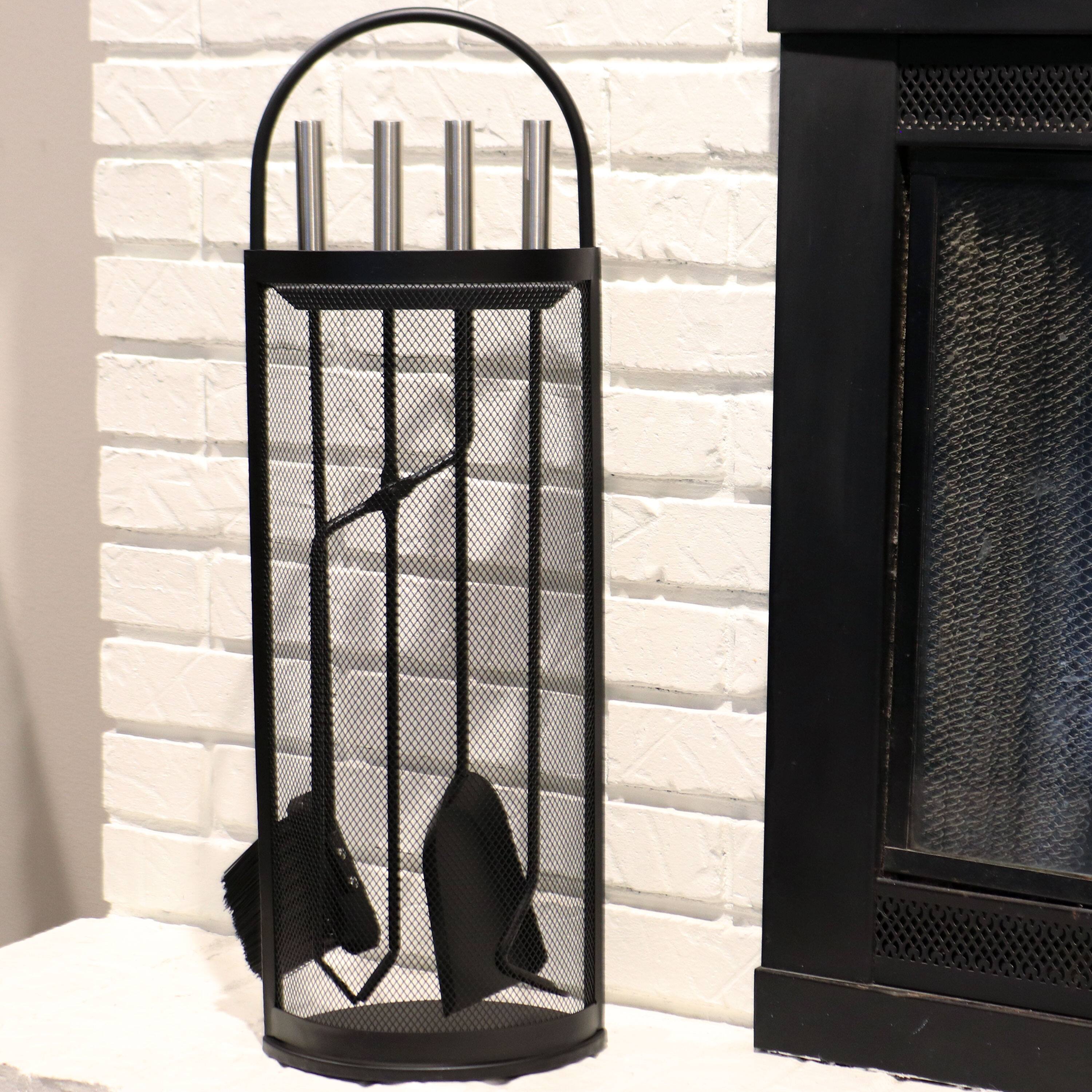 Alt View 3. Sunnydaze - 4-Piece Fireplace Tool Set with Mesh Shroud Holder - Black.
