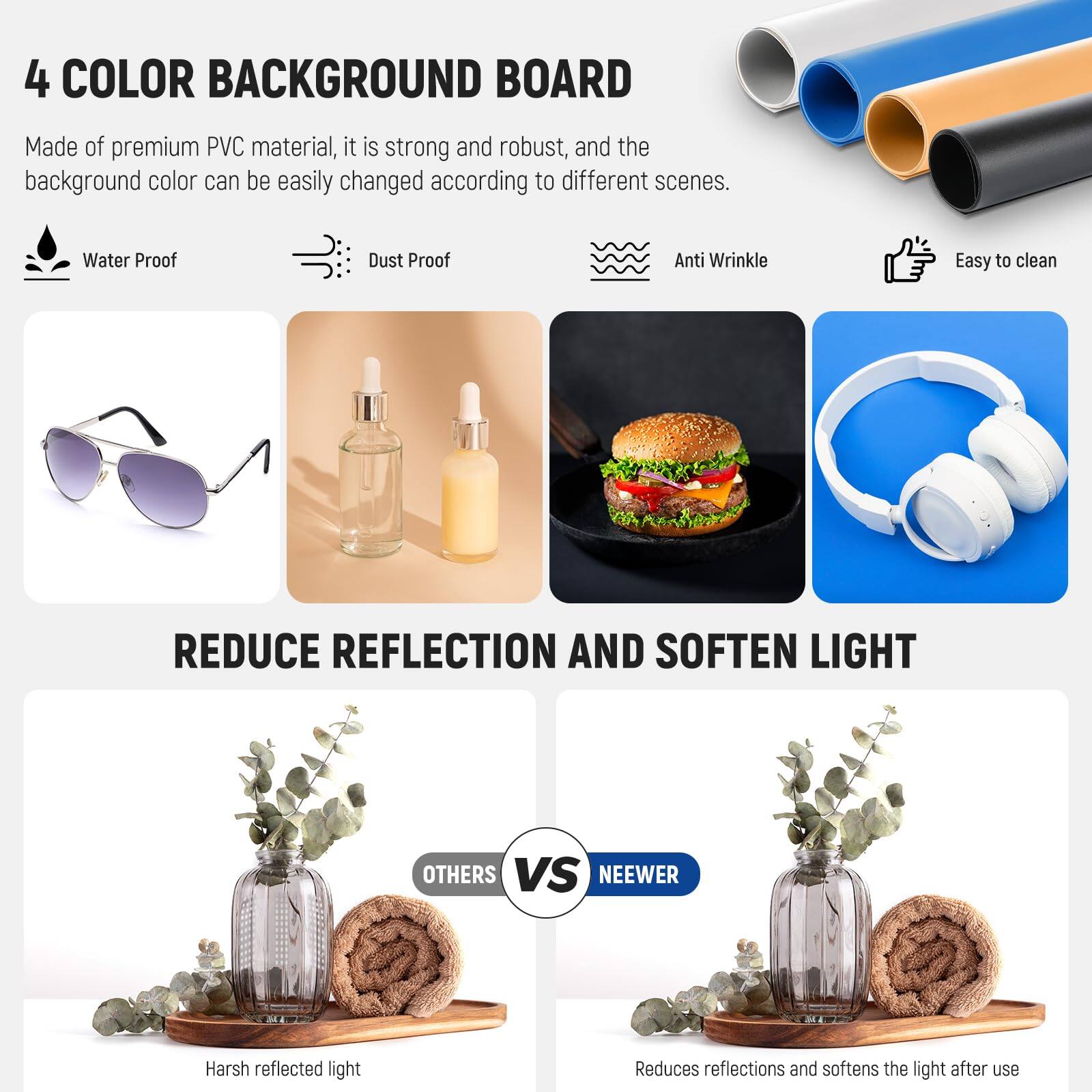 4 COLOR BACKGROUND BOARD

Made of premium PVC material, it is strong and robust, and the background color can be easily changed according to different scenes.

- Water Proof
- Dust Proof
- Anti Wrinkle
- Easy to clean

REDUCE REFLECTION AND SOFTEN LIGHT

OTHERS VS NEEWER

Harsh reflected light

Reduces reflections and softens the light after use