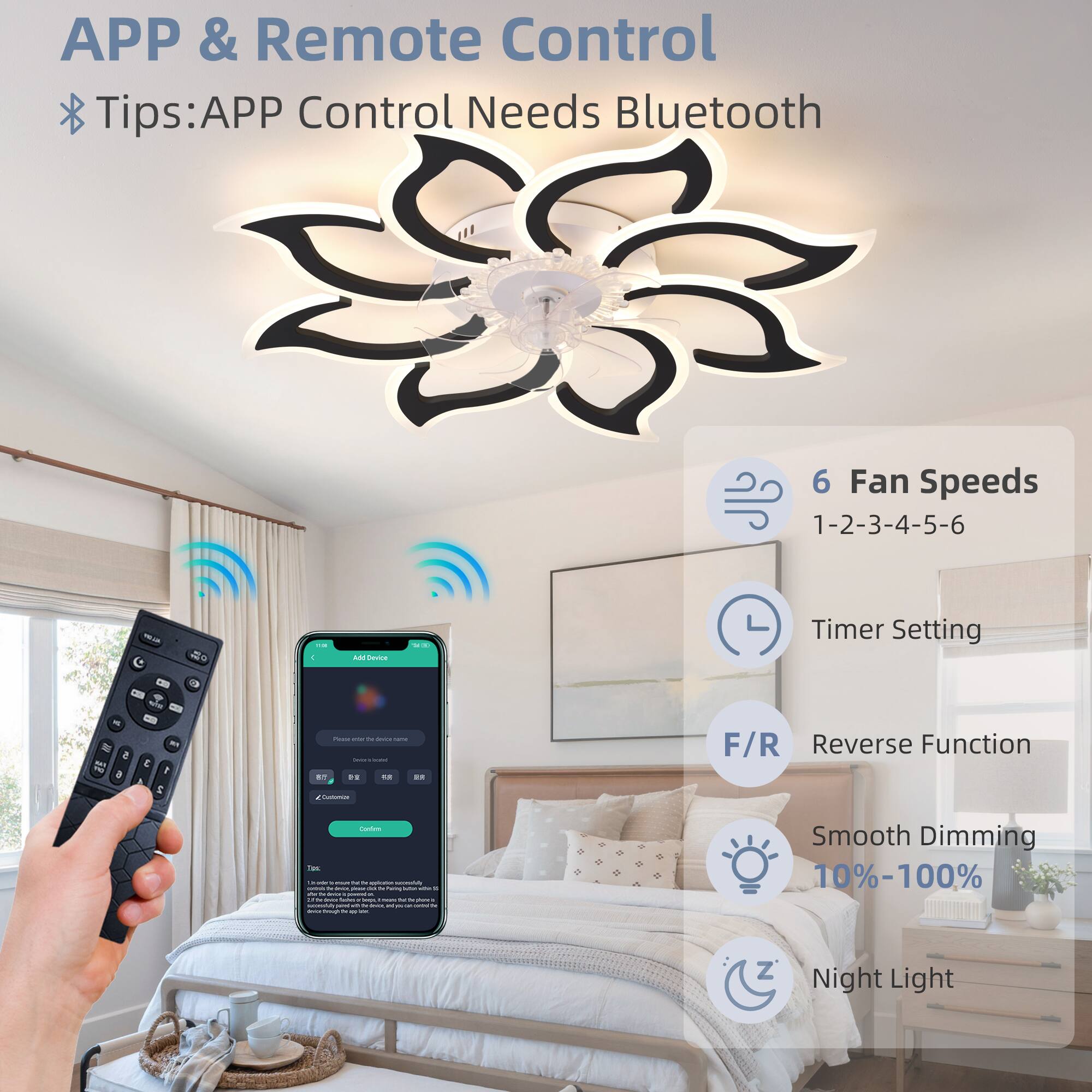 APP & Remote Control  
Tips: APP Control Needs Bluetooth  

6 Fan Speeds  
1-2-3-4-5-6  

Timer Setting  

F/R Reverse Function  

Smooth Dimming  
10%-100%  

Night Light