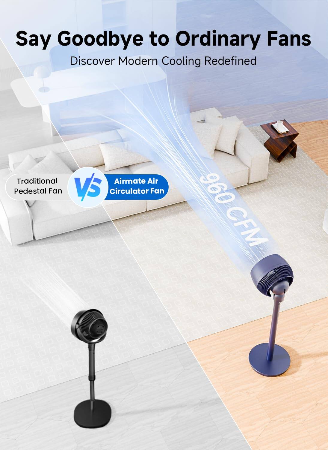 Say Goodbye to Ordinary Fans  
Discover Modern Cooling Redefined  

Traditional Pedestal Fan  
VS  
Airmate Air Circulator Fan  

960 CFM