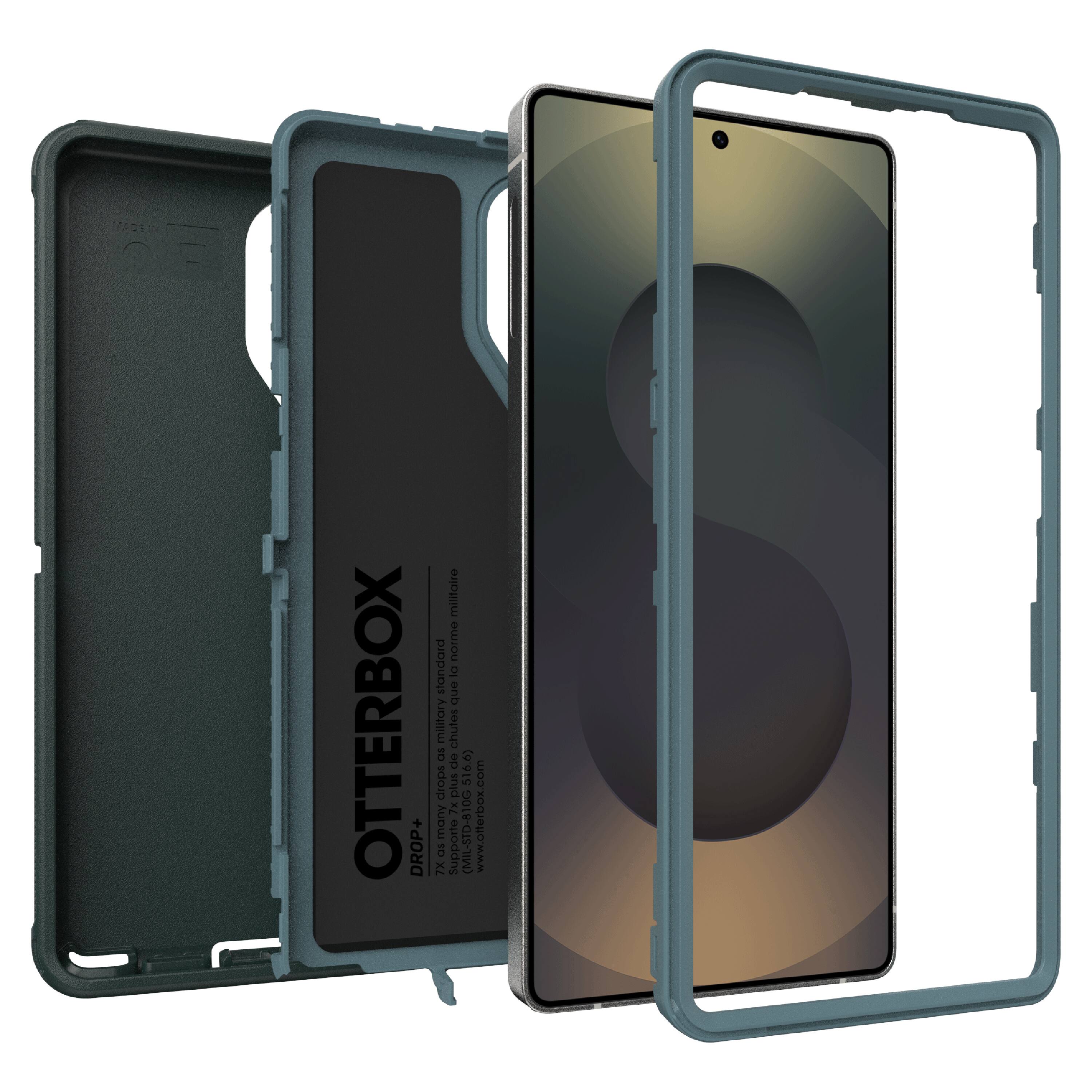 The image shows a close-up of a smartphone in a protective case, specifically an Otterbox case. The case is designed to meet military drop-test standards, ensuring the phone's durability and protection. The case is available in various colors, including black, blue, and gray. The image also features a close-up of the phone's screen, showcasing its high-quality display.