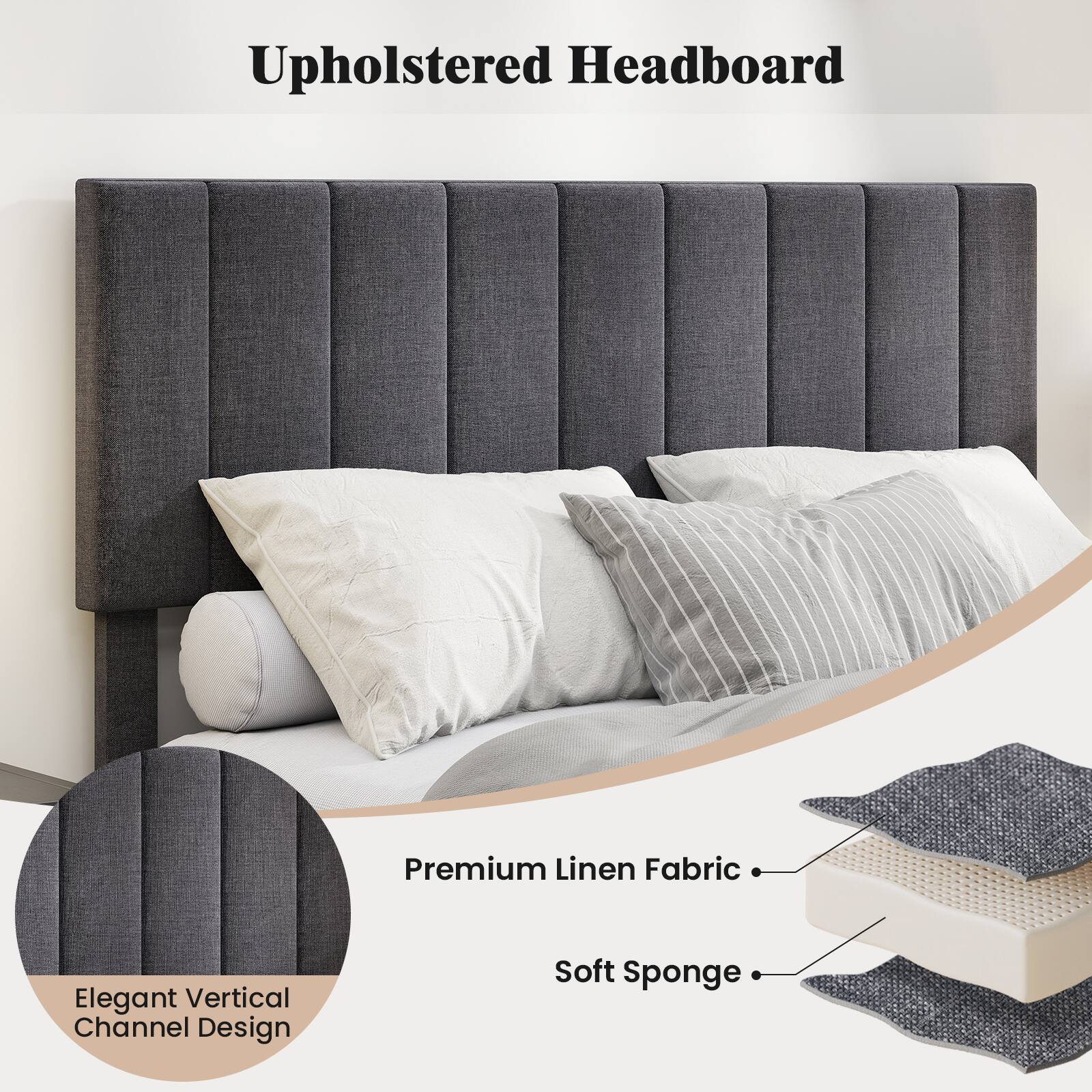 Upholstered Headboard

Premium Linen Fabric

Elegant Vertical Channel Design

Soft Sponge