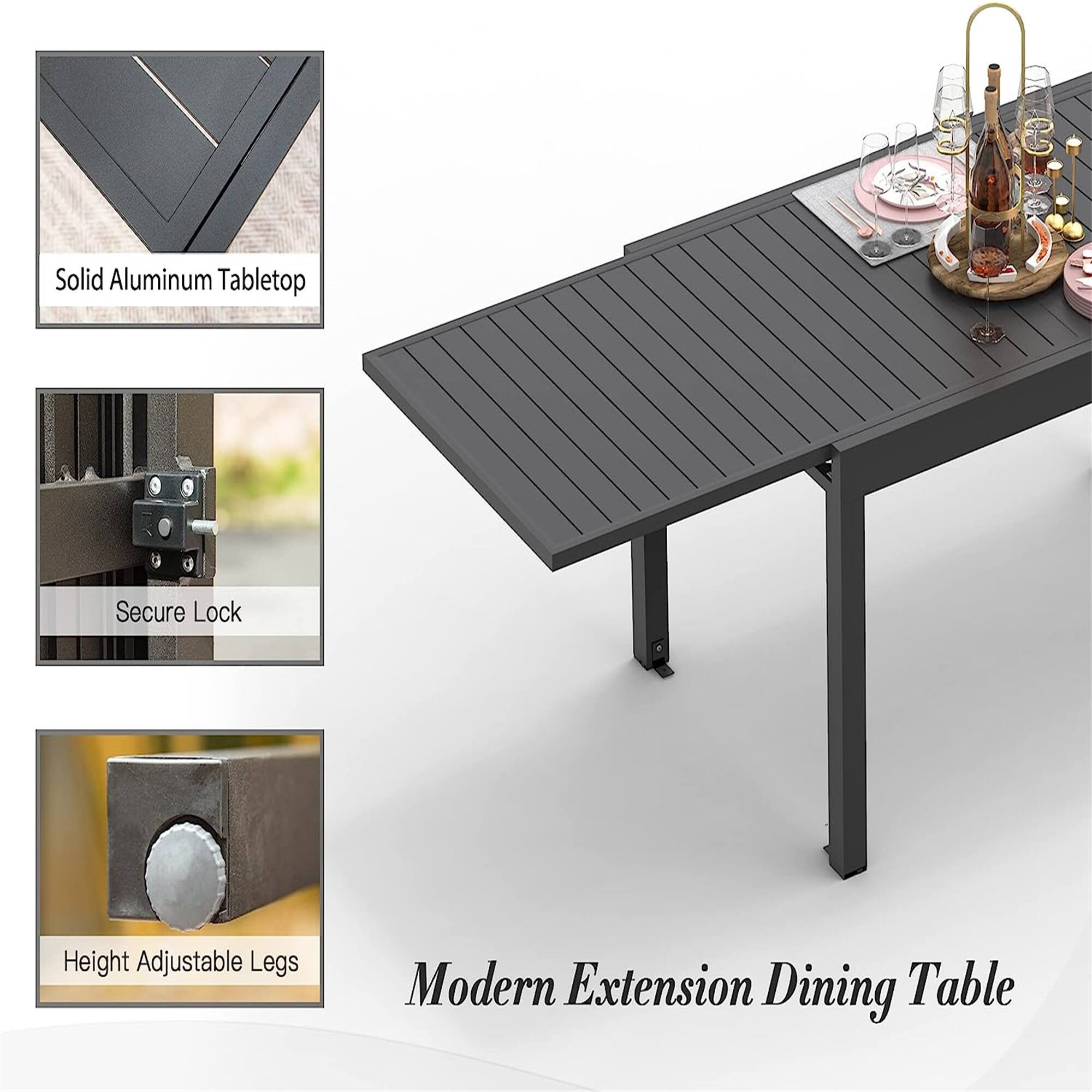 Solid Aluminum Tabletop  
Secure Lock  
Height Adjustable Legs  
Modern Extension Dining Table