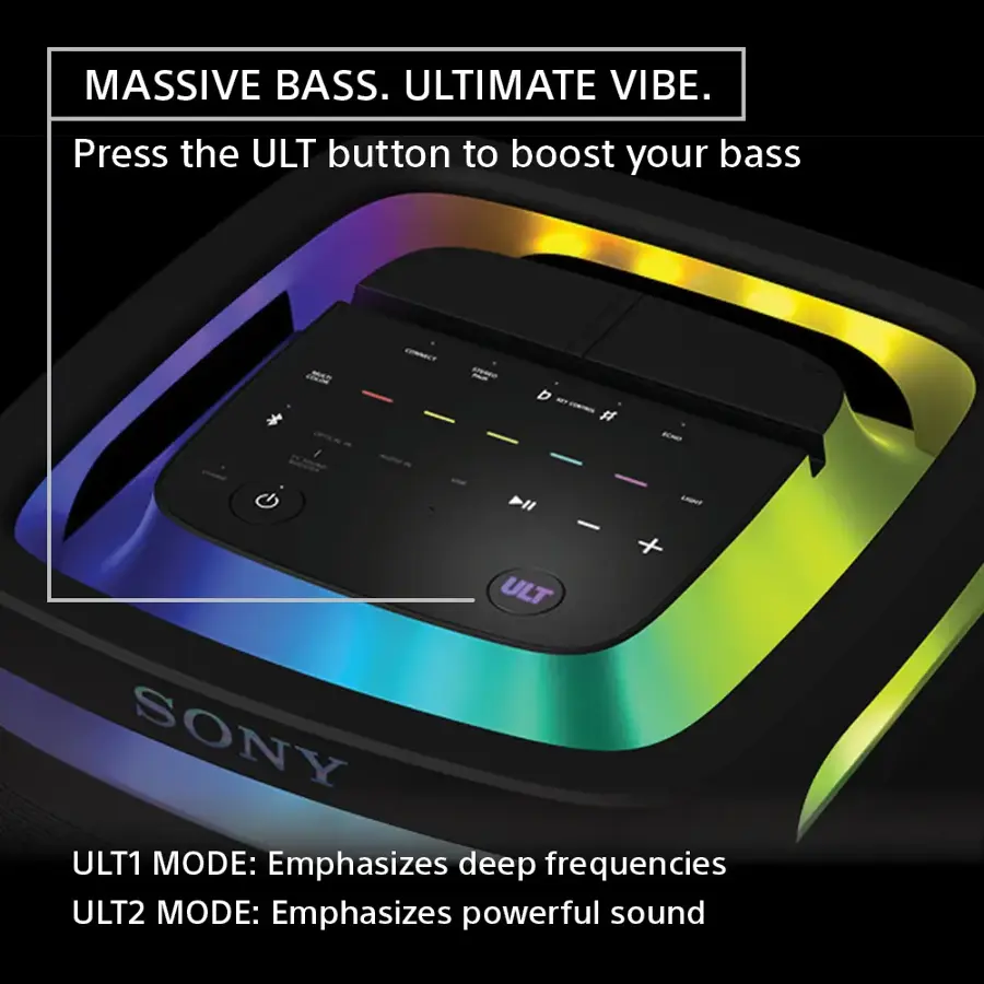 MASSIVE BASS. ULTIMATE VIBE. Press the ULT button to boost your bass. Sony ULT1 MODE: Emphasizes deep frequencies. ULT2 MODE: Emphasizes powerful sound.