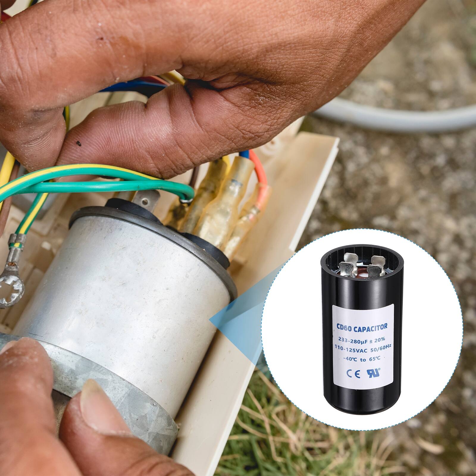 CD60 CAPACITOR  
233-280uF ±20%  
110-125VAC 50/60Hz  
-40°C to 65°C  
CE UR