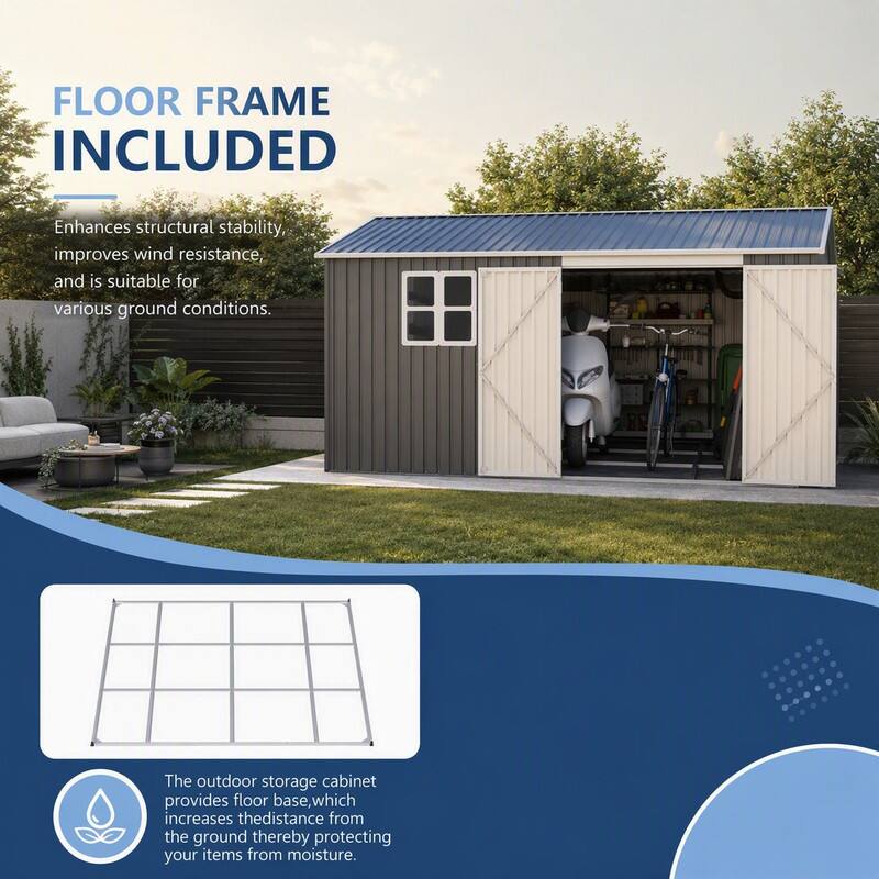 FLOOR FRAME INCLUDED

Enhances structural stability, improves wind resistance, and is suitable for various ground conditions.

The outdoor storage cabinet provides floor base, which increases the distance from the ground thereby protecting your items from moisture.