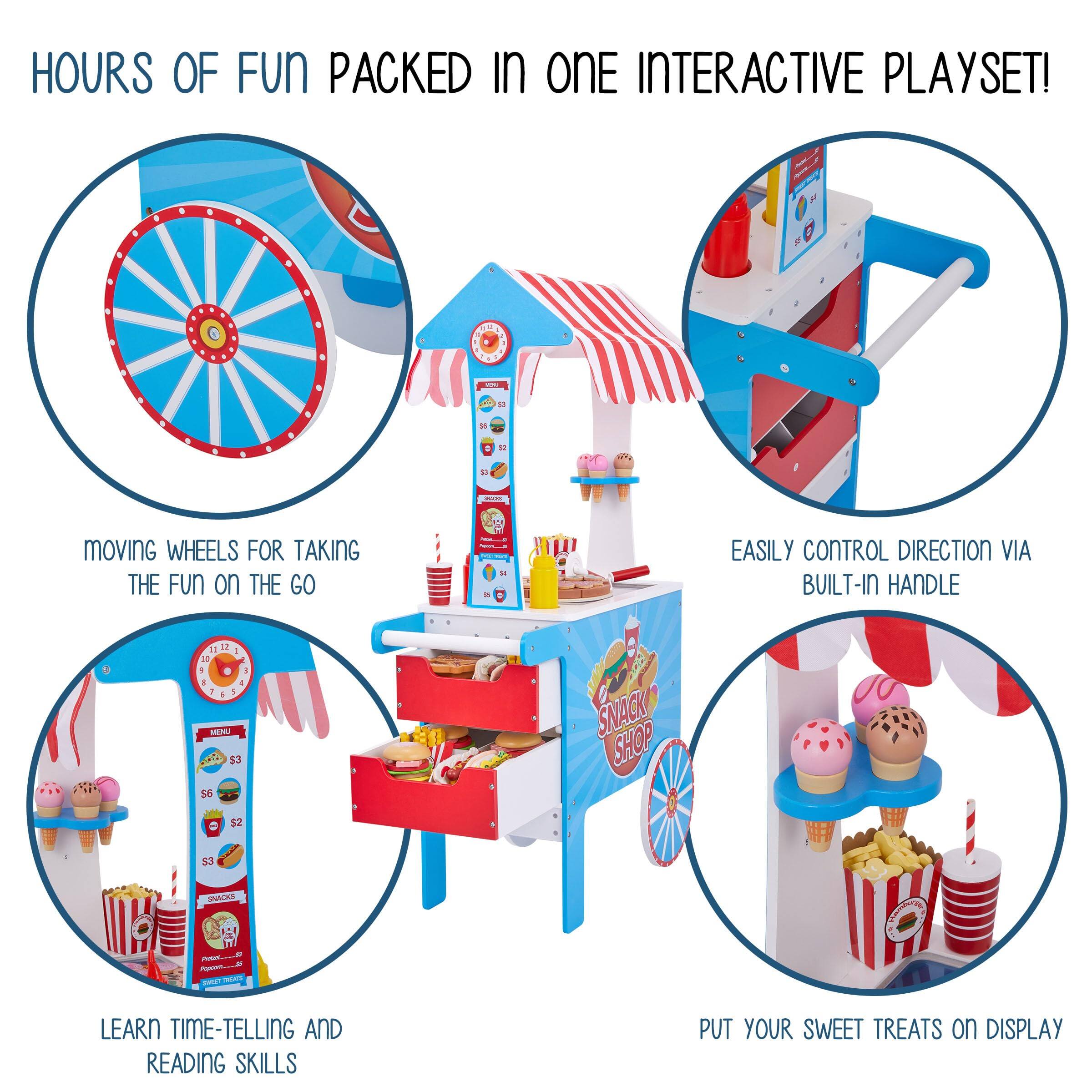 HOURS OF FUN PACKED IN ONE INTERACTIVE PLAYSET! - movInG WHEELS FOR TAKING THE FUN on THE GO - EASILY CONTROL DIRECTION VIA BUILT-IN HANDLE - LEARN TIME-TELLING AND READING SKILLS - PUT YOUR SWEET TREATS on DISPLAY