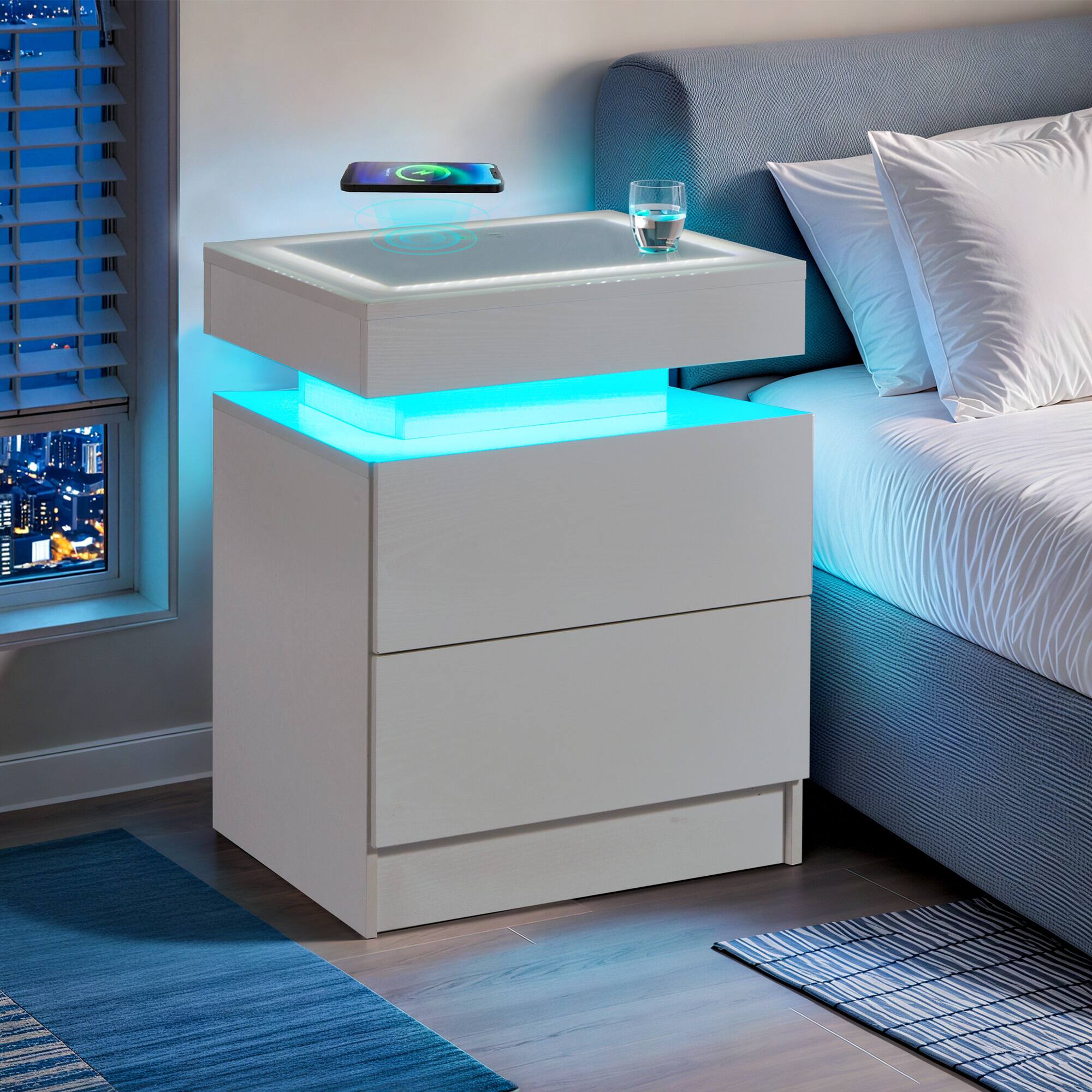 Angle. U-HOMY - LED Nightstand with Wireless Charging Station, Floating Bedside Table with RGB Lights, USB Ports, and Storage Drawers - White.