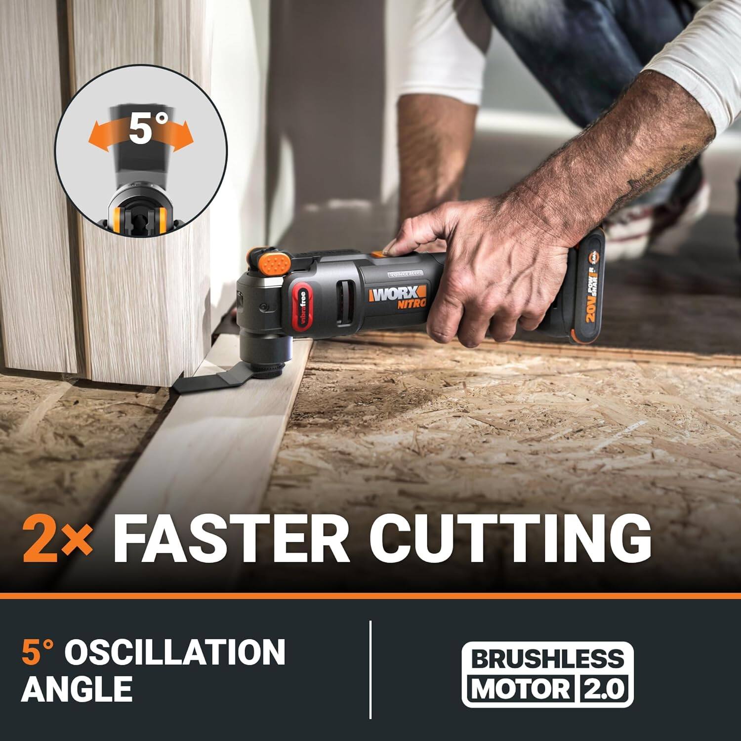 5 WORX NITRO E 20V  
2x FASTER CUTTING  
5° OSCILLATION ANGLE  
BRUSHLESS MOTOR 2.0