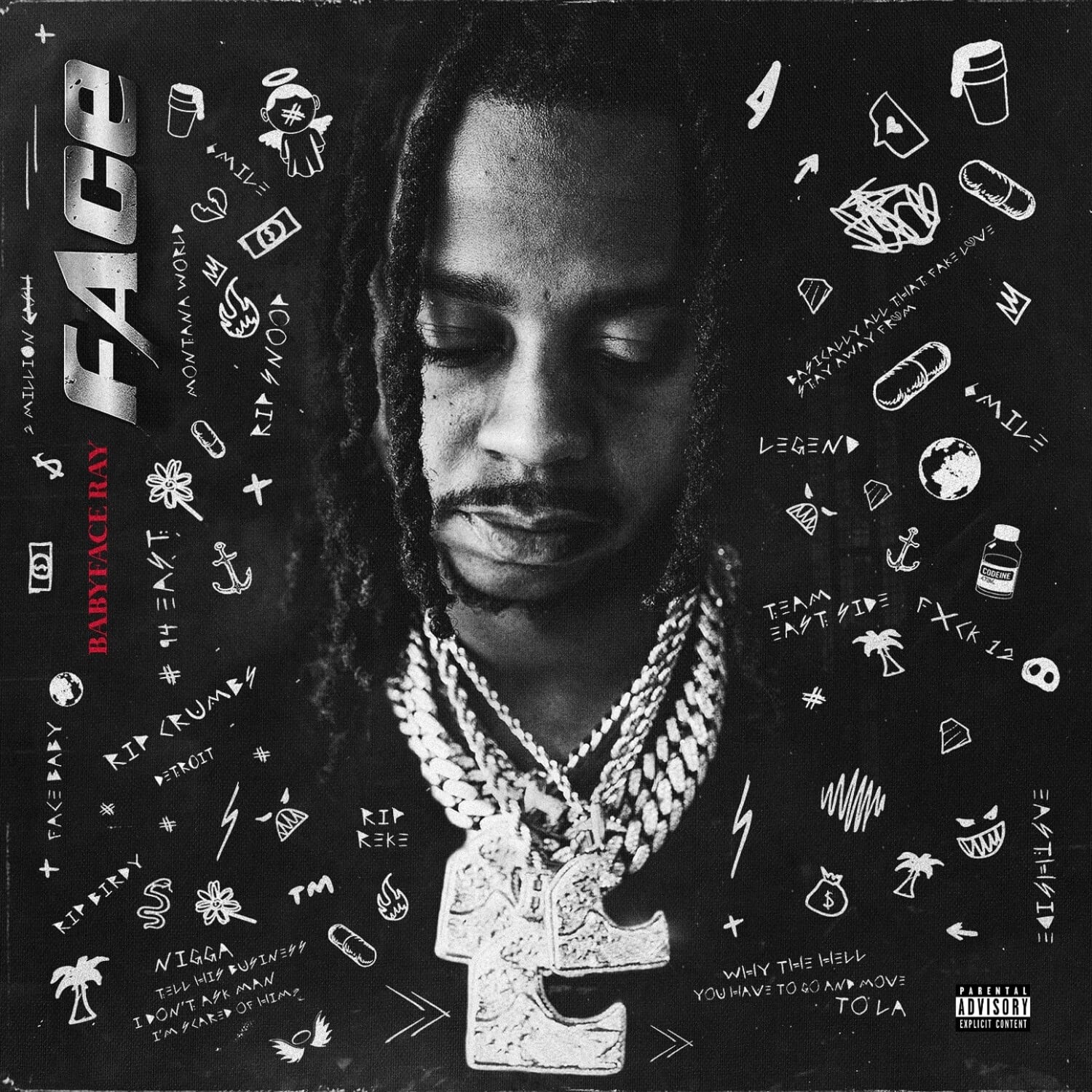 Sure, here is the corrected and grouped text from the image:

---

**FACE**

**MILLION FACE WORLD MONTANA RIP ACONG RAY 0 BABYFACE EAKT 14 CRUMBY FABY DETROIT FAKE KEK E BIRDY TM KIP NIGGA W HI MAN APK HIM DON'T OR I IMPAKD I'M U FAKE THAT FRUM BAPICALLY AWAY PTAY LEGEN MILE C TEAM EAST FXCK12 $ EASTI 1 T WHY MOV? YOUHAV! TO GO AND PARENTAL ADVISORY EXPLICIT CONTENT**

**BABYFACE CERAY**

**# CRUMBY**

**# DETROIT**

**# KIP KEK**

**# NIGGA**

**# TELL HEAR PUNKIN I DON'T APOLOGIZE I'M SPARED OF HEAVEN**

**# WHY THE HELL YOU HAVE TO GO AND MOVE TO LA**

**# TEAM EAST SIDE FXCK12**

**# LEGEND**

**# EVERYTHING THAT FANS LOVE**

**# STAY AYAT FRESH**

**# MILE**

**# MATHIE**

**# PARENTAL ADVISORY EXPLICIT CONTENT**

---

This text is arranged as it appears on the image, with some corrections for clarity and grouping.